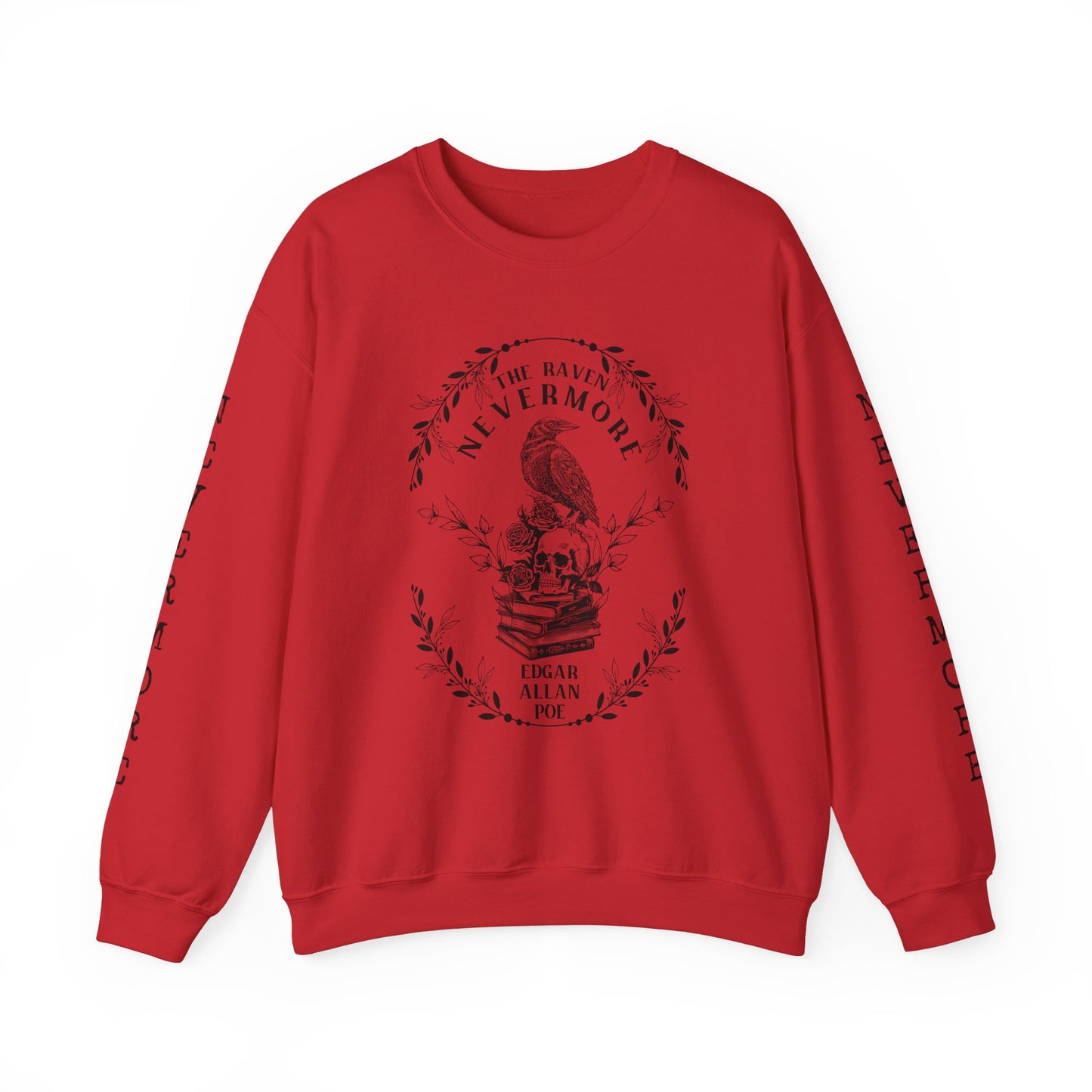 Edgar Allan Poe, Nevermore The Raven Sweatshirt, Book Lover, Halloween, Haunting Gothic Gift, Light, Dark Academia, Horror Movie Sweater Sweatshirt Printify S Red