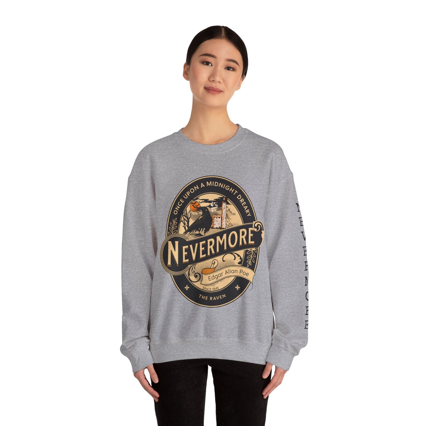 Edgar Allan Poe, Sleeve Print Nevermore The Raven Sweatshirt, Book Lover, Halloween, Haunting Gothic Gift, Light, Dark Academia, Horror Movie Sweater Sweatshirt Printify