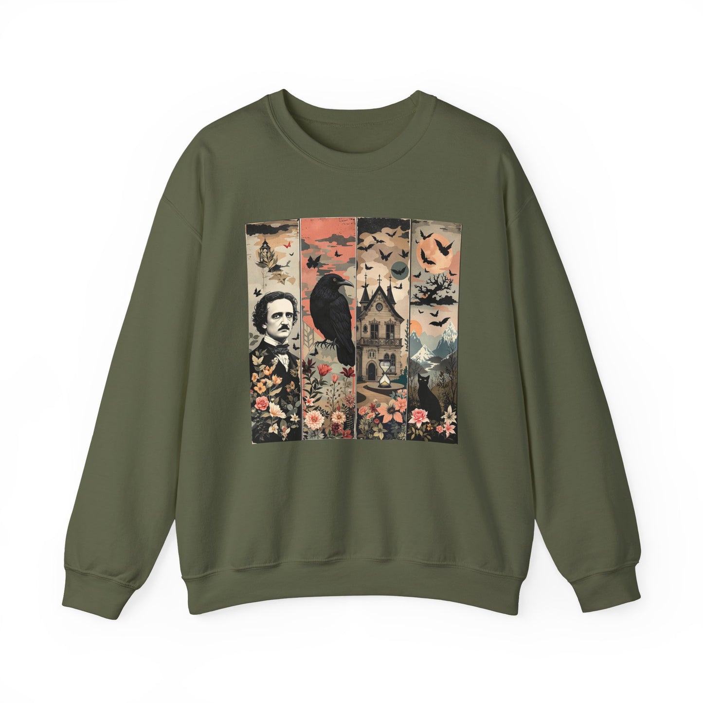 Edgar Allan Poe Sweatshirt The Raven Nevermore Gothic Horror Sweater Dark Academia Macabre Halloween Gift for Book Lovers Birthday Christmas Sweatshirt Printify Military Green S