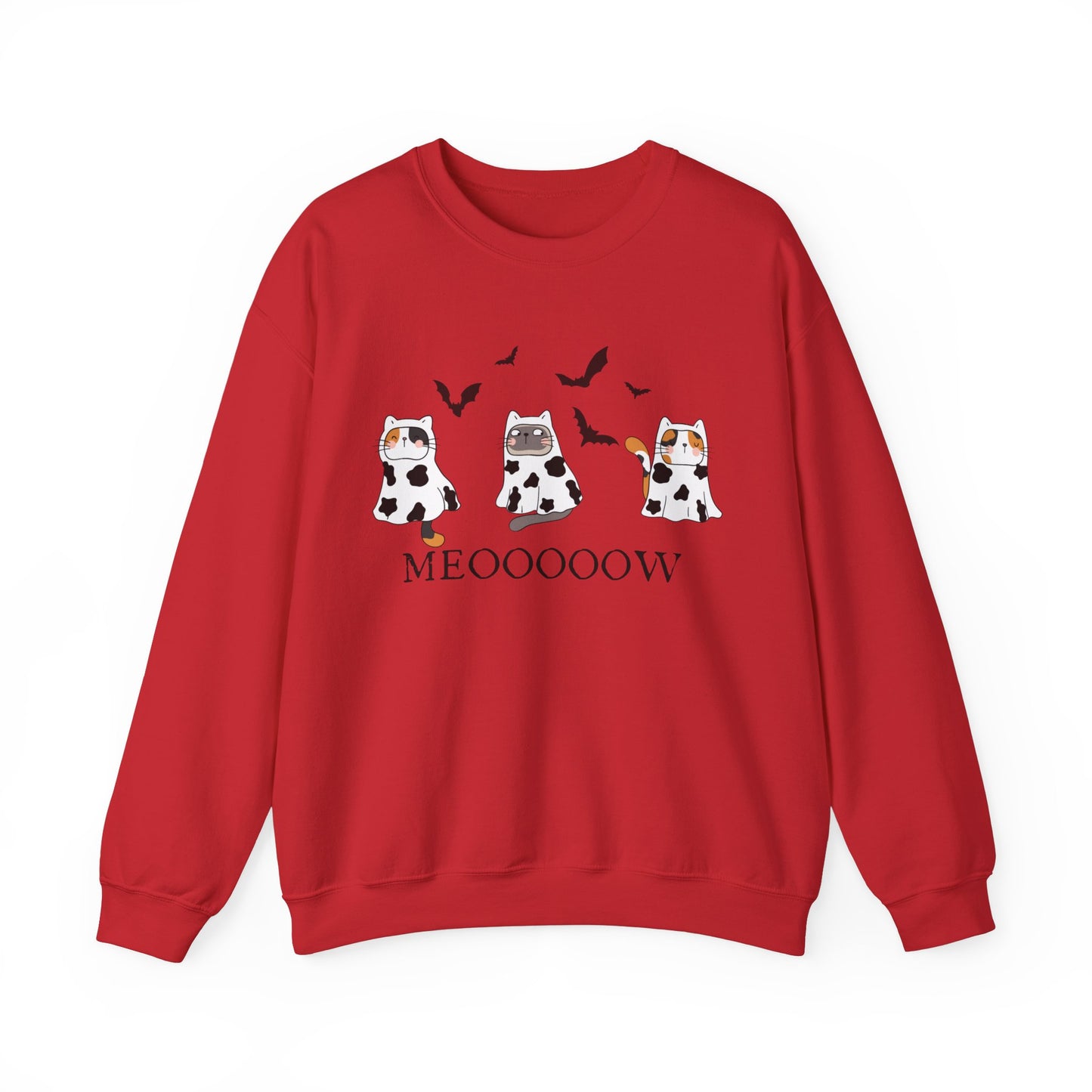 Cute Halloween Cow Ghost Cats Sweatshirt, Cats in Cow Ghost Costumes, Spooky Season Sweater, Halloween Party Shirt, Cat Lover Gift Sweatshirt Printify S Red
