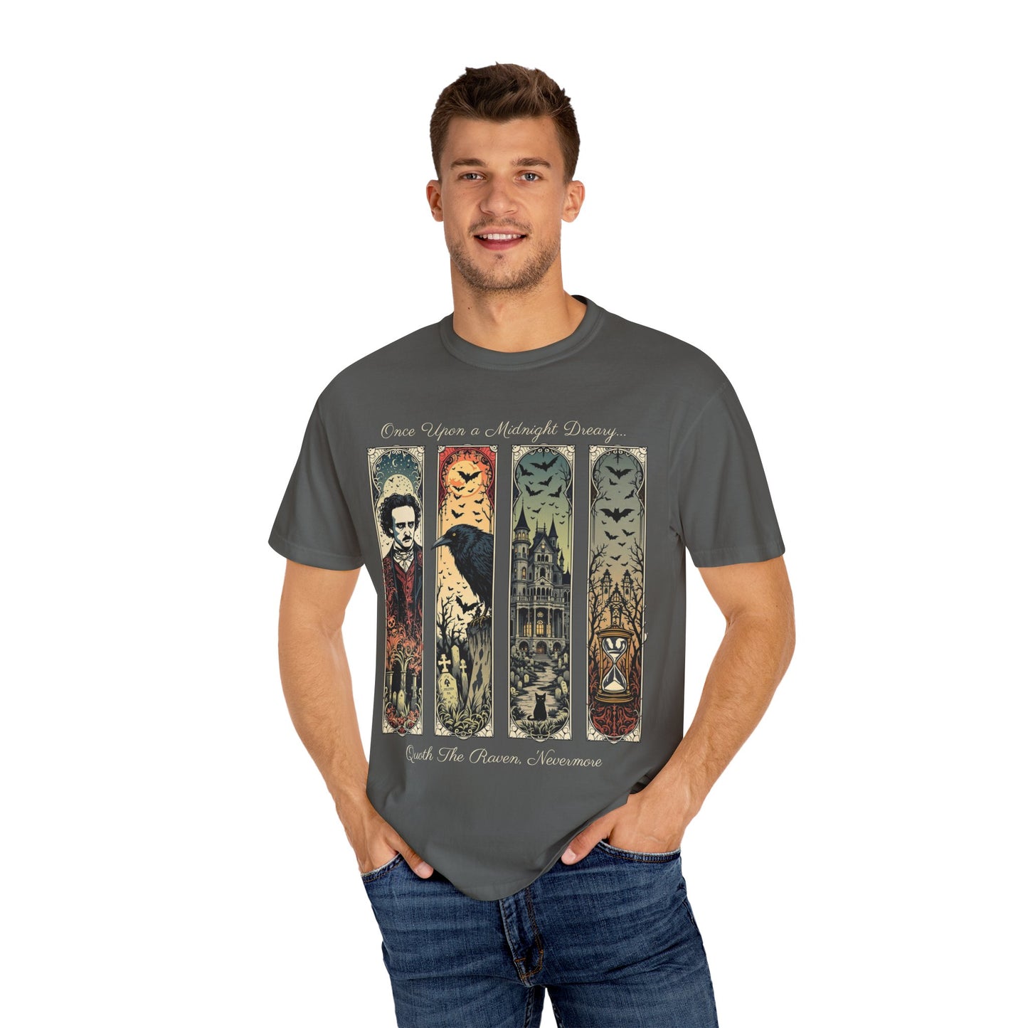 Edgar Allan Poe T-Shirt Gothic Graphic Tee The Raven Nevermore Quote Horror Literature Shirt Dark Academia Aesthetic Halloween Party Gift