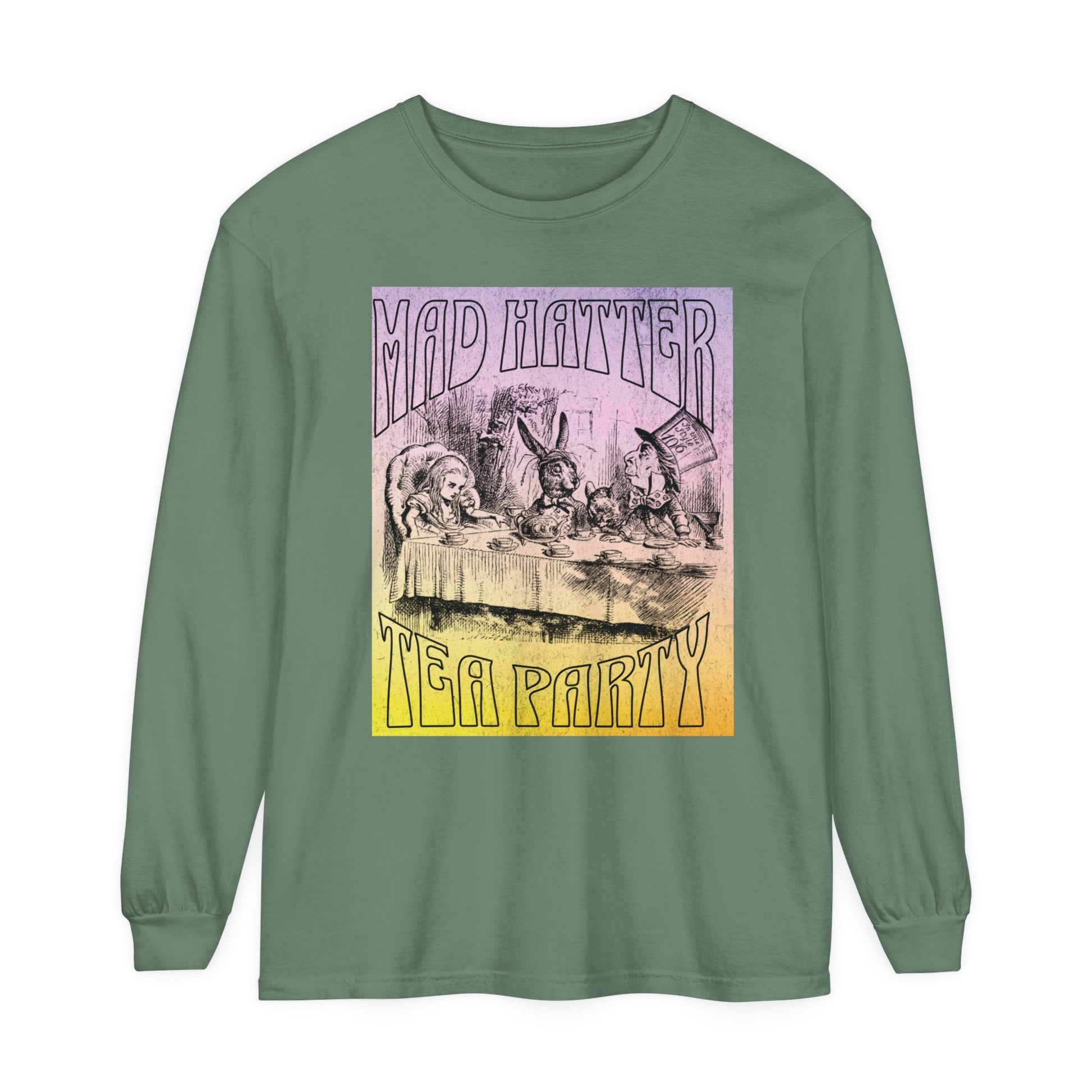 Retro Alice In Wonderland Long Sleeve Shirt, Lewis Carroll Whimsigoth Dark Academia TShirt, Mad Hatter's Tea Party Tee Bookish Booktok Gift Long-sleeve Printify Light Green S