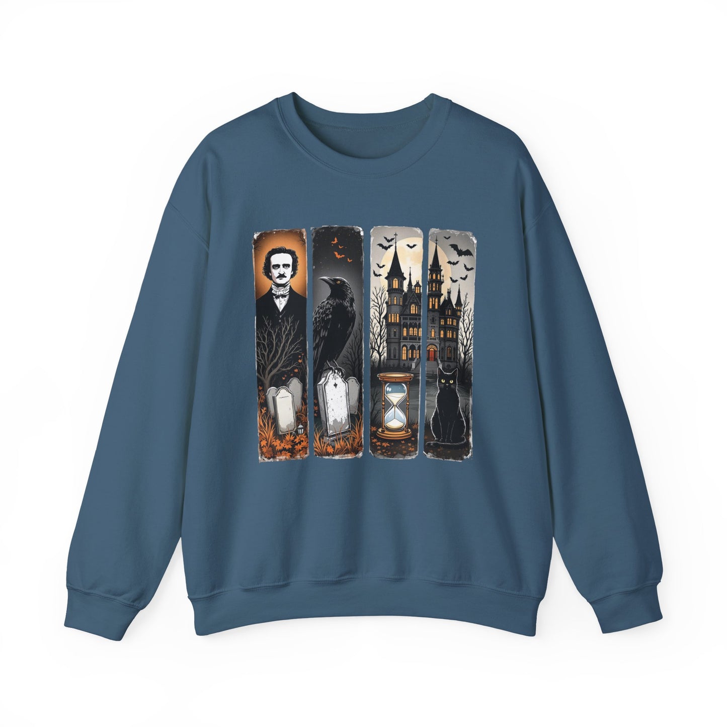 Edgar Allan Poe Sweatshirt The Raven Nevermore Gothic Horror Sweater Dark Academia Macabre Halloween Gift for Book Lovers Birthday Christmas Sweatshirt Printify Indigo Blue S