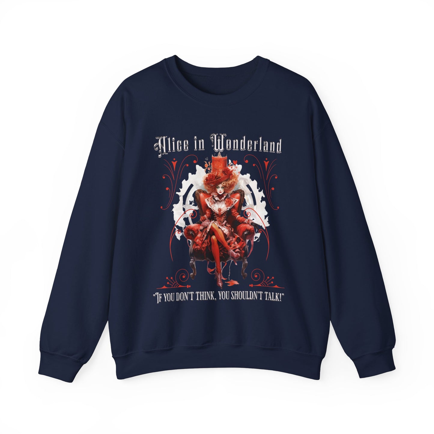 Queen of Hearts Sweatshirt, Alice In Wonderland Lewis Carroll Whimsigoth Academia Sweater Mad Hatter Tea Party Tee Bookish Booktok Gift Sweatshirt Printify S Navy