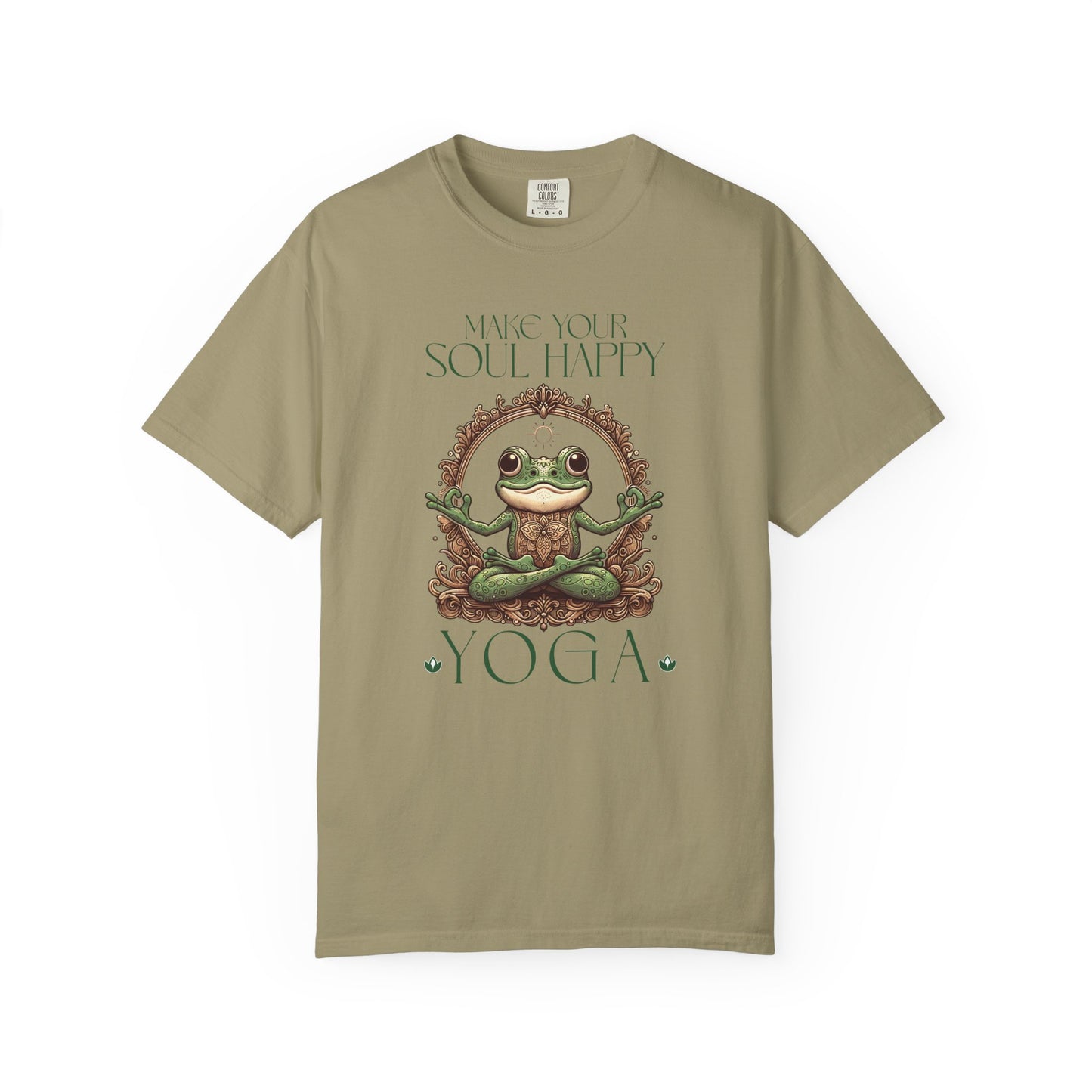 Green Yoga Frog Make Your Soul Happy Unisex T-Shirt, Casual Wear, Highlander Fan Gift, T-Shirt Printify Khaki S