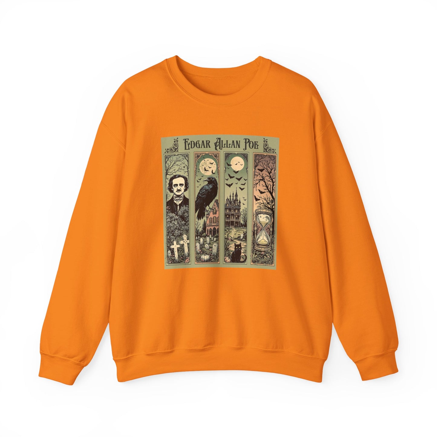 Edgar Allan Poe Sweatshirt The Raven Nevermore Gothic Horror Sweater Dark Academia Macabre Halloween Gift for Book Lovers Birthday Christmas Sweatshirt Printify Safety Orange S