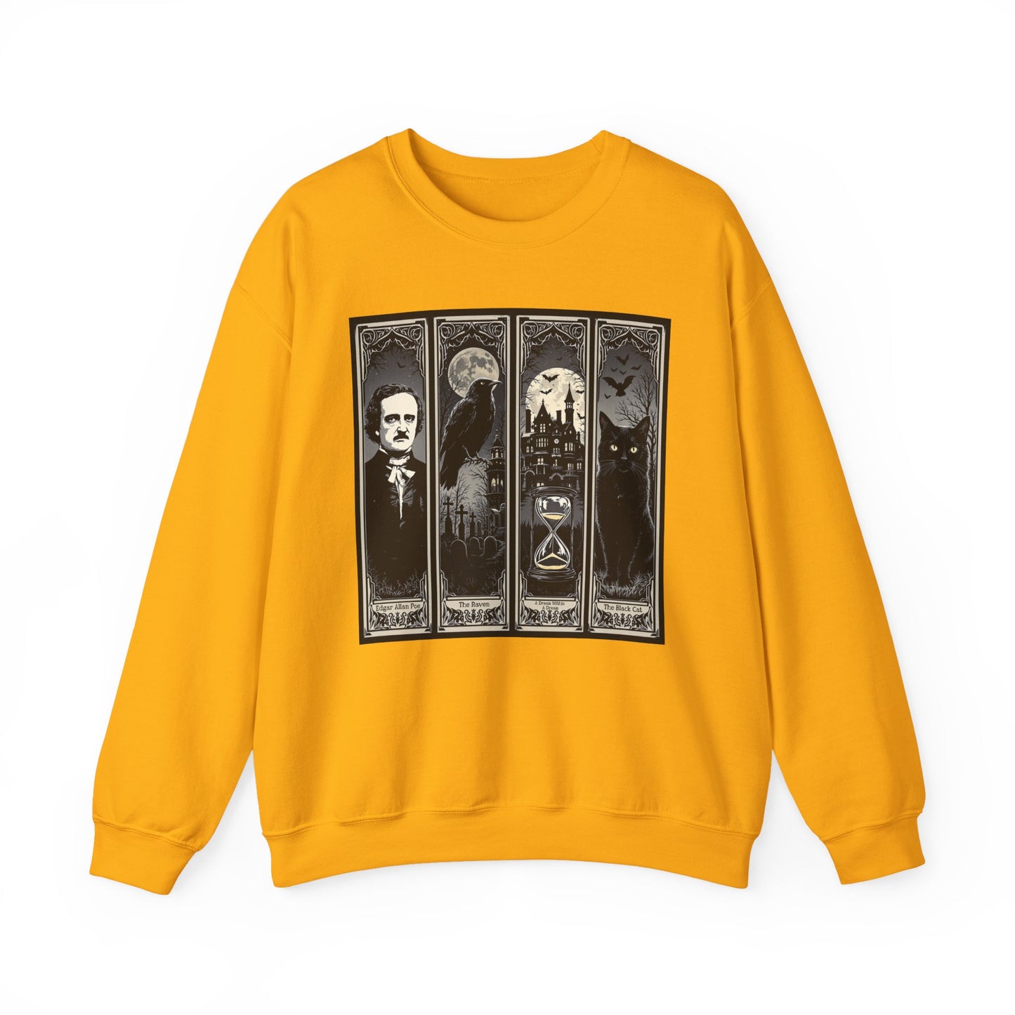 Edgar Allan Poe Sweatshirt The Raven Nevermore Gothic Horror Sweater Dark Academia Macabre Halloween Gift for Book Lovers Birthday Christmas Sweatshirt Printify Gold S