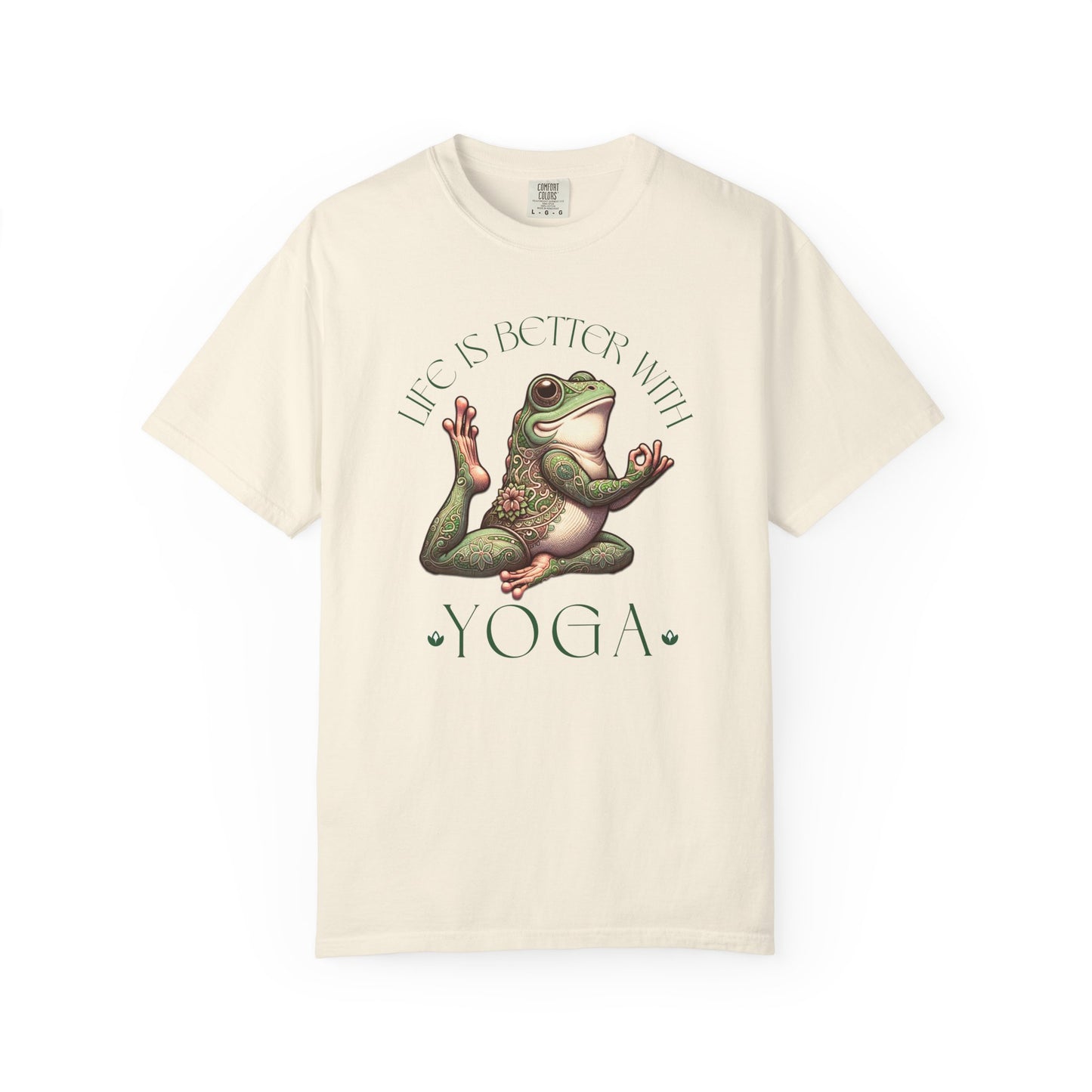 Green Yoga Frog Life Is Better With Yoga Unisex T-Shirt, Casual Wear, Highlander Fan Gift, T-Shirt Printify Ivory S
