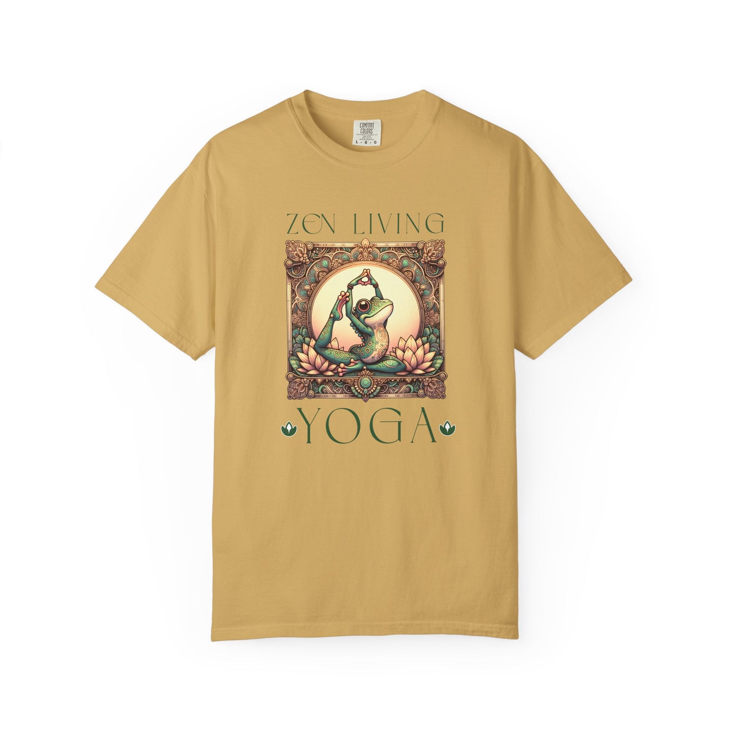Green Yoga Frog Zen Living Unisex T-Shirt, Casual Wear, Highlander Fan Gift, T-Shirt Printify Mustard S