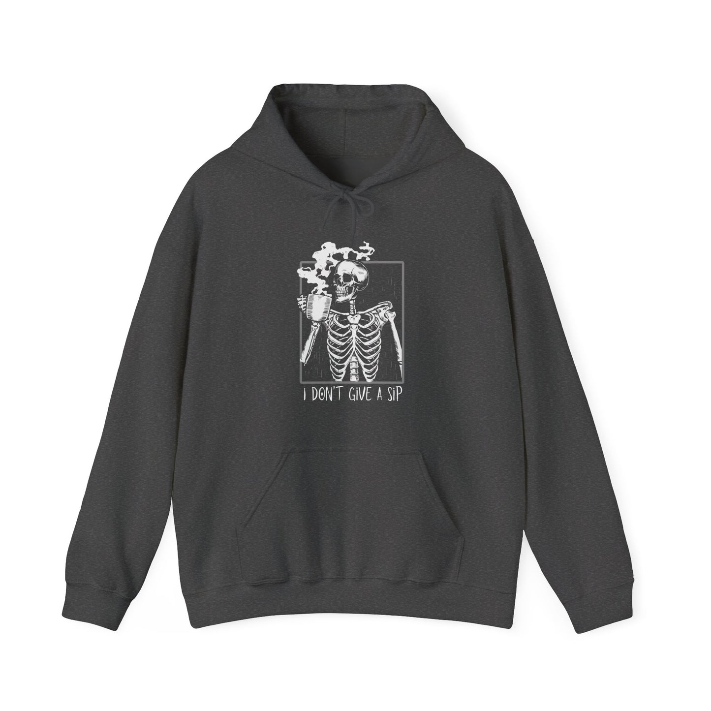 Halloween Skeleton Hoodie, Funny Coffee Drinking Skeleton, Spooky Season Sweater, Trick or Treating Shirt, Warm Halloween Party Hoodie Hoodie Printify Dark Heather S