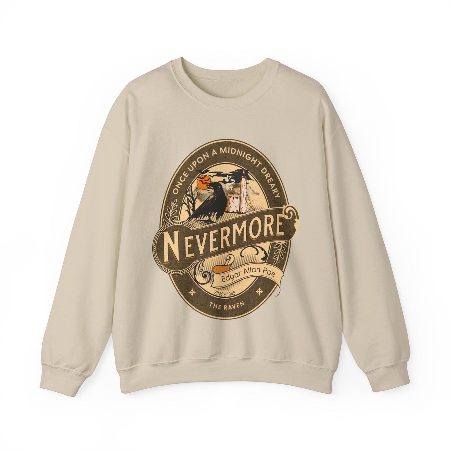 Edgar Allan Poe, Nevermore The Raven Sweatshirt, Book Lover, Halloween, Haunting Gothic Gift, Light, Dark Academia, Horror Movie Sweater Sweatshirt Printify S Sand