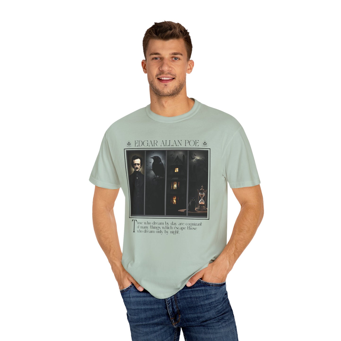 Edgar Allan Poe T-Shirt Gothic Graphic Tee The Raven Nevermore Quote Horror Literature Shirt Dark Academia Aesthetic Halloween Party Gift