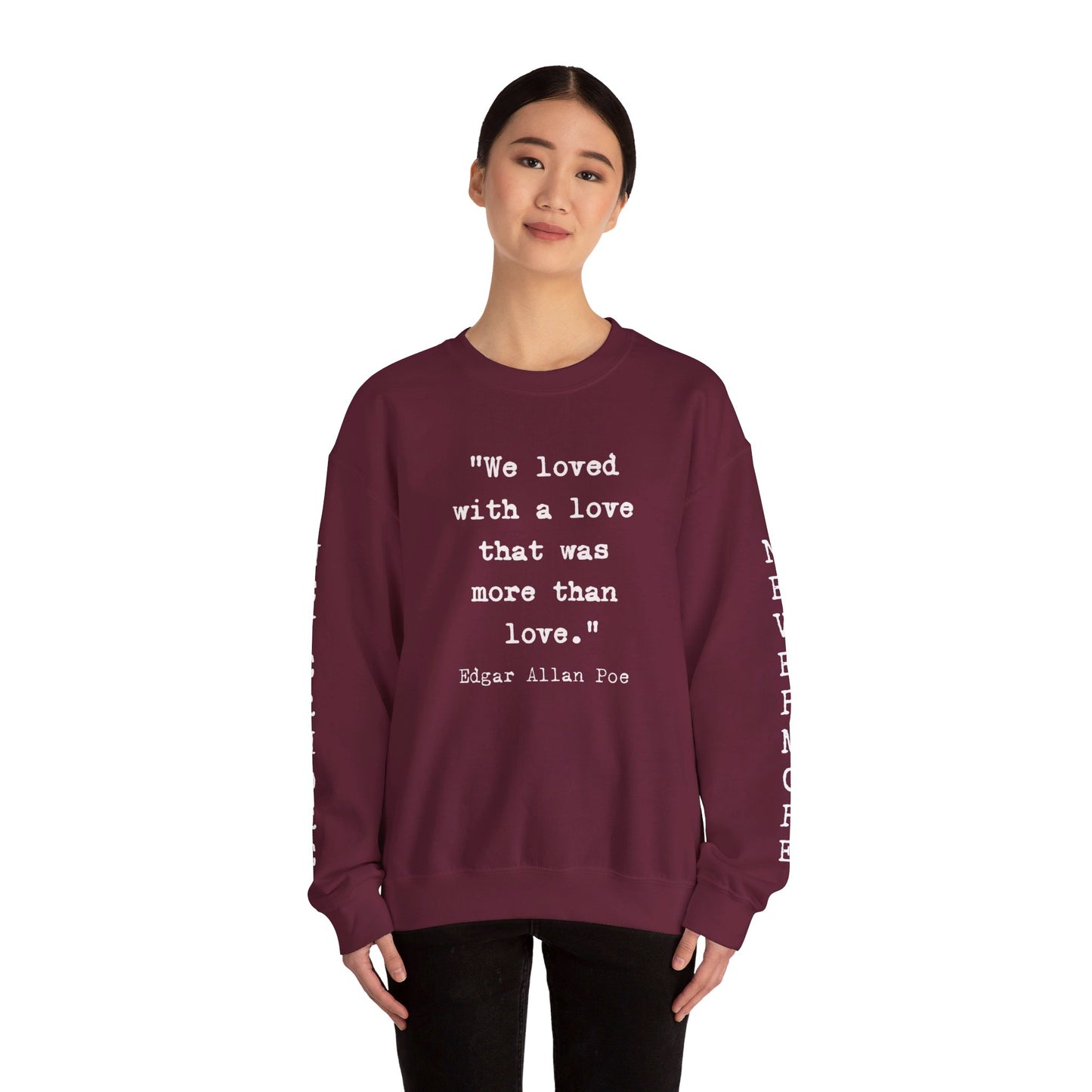 Edgar Allan Poe Sleeve Print Vintage Raven Poem Sweatshirt, Poetry Book Lover Sweater, Haunting Gothic Gift, Light, Dark Academia, Nevermore Sweatshirt Printify