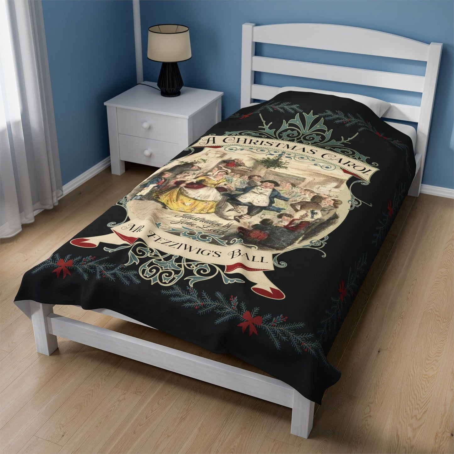 Blanket, A Christmas Carol, Vintage Charles Dickens Victorian Scrooge Fezziwig's Ball, Holiday Tradition X-Mas Movie Bookish Christmas Throw All Over Prints Printify