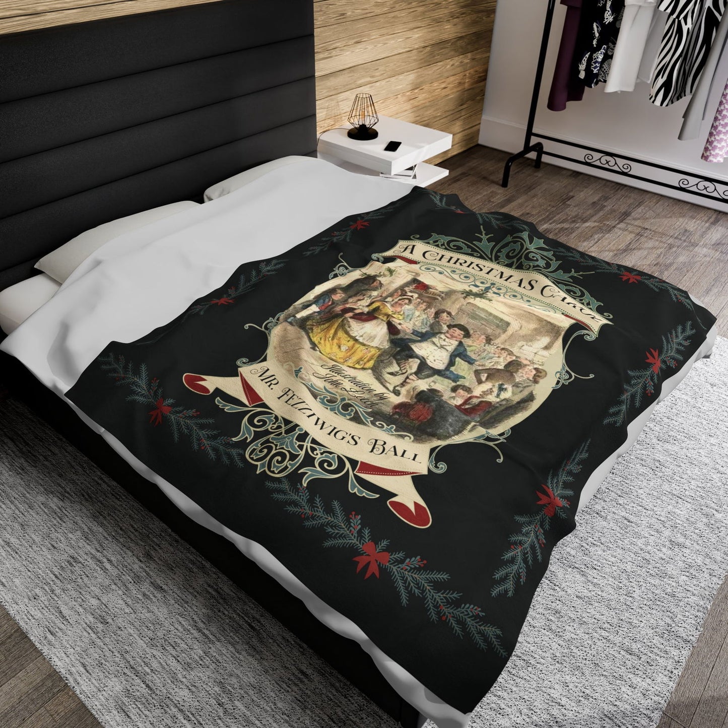 Blanket, A Christmas Carol, Vintage Charles Dickens Victorian Scrooge Fezziwig's Ball, Holiday Tradition X-Mas Movie Bookish Christmas Throw All Over Prints Printify