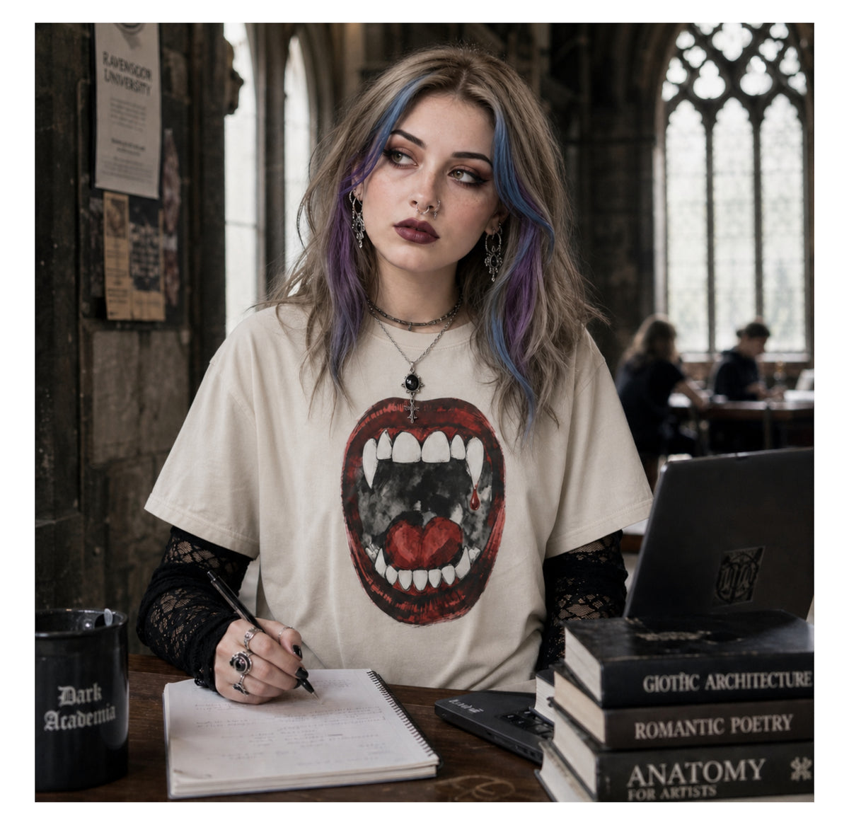 Vampire Open Mouth and Fangs T-shirt, Gothic Vibes, Dark Academia Vampire Bites Shirt, Dracula Fan Gift, Fall Sweatshirt, Jumper