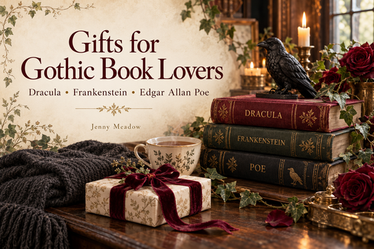 Gothic literary gift arrangement with Dracula, Frankenstein and Poe books, a raven ornament, tea, roses and a burgundy-ribboned present.