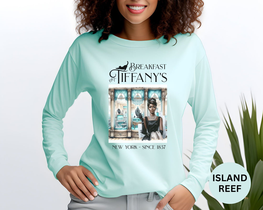 breakfast at tiffany's graphic design on long sleeve turquois shirt