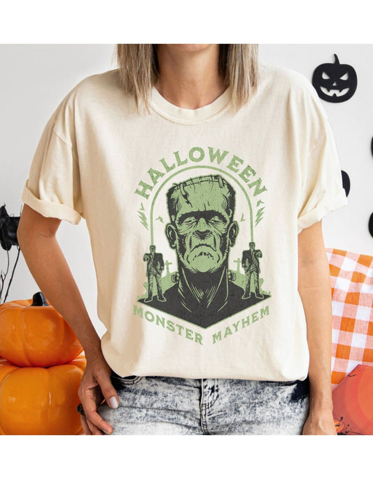 Vintage Halloween Frankenstein Monster Graphic Tee, Creepy Spooky Book Lover Gift, Horror Movie, Fall Festival Party Comfort Colors T Shirt. T-Shirt Printify   