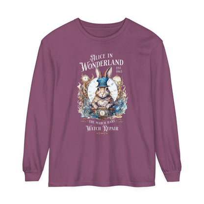 Alice in Wonderland Long Sleeve Shirt, Lewis Carroll Dark Academia TShirt, Mad Hatter Tea Party March Hare White Rabbit Bookish Booktok Gift Long-sleeve Printify Berry S 