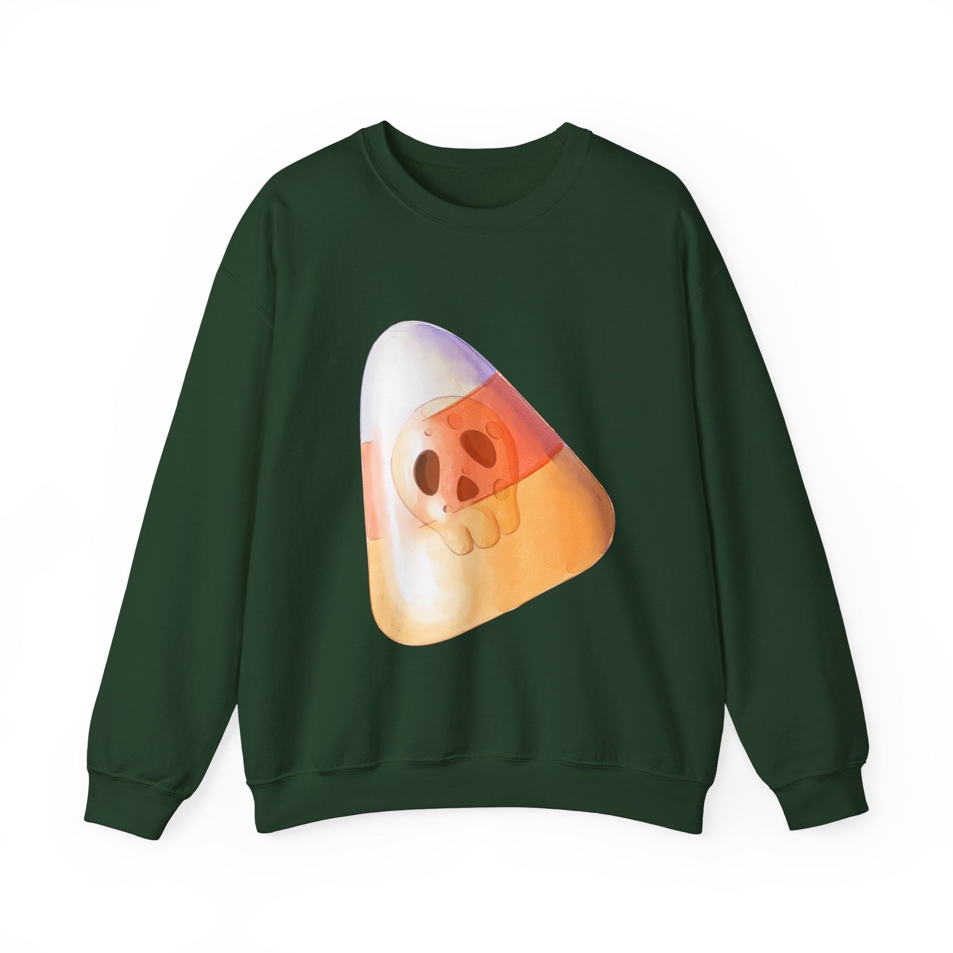 Halloween Candy Corn With Skull Face Sweatshirt, Trick or Treat Shirt, Spooky Ghost Season, Fun Halloween Fall Festival Party Sweater Sweatshirt Printify S Forest Green 