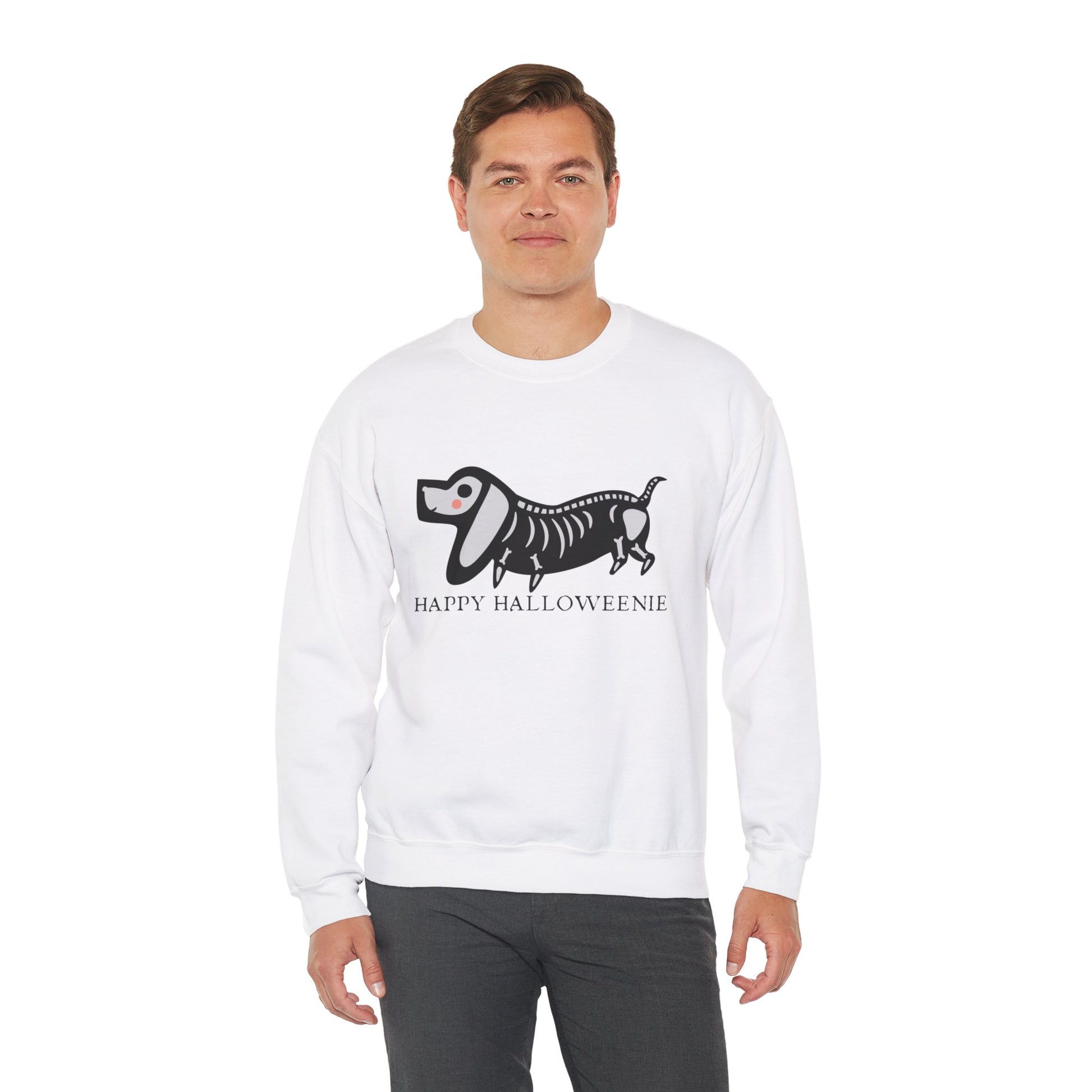 Funny Halloween Dachshund Lover Sweatshirt, Skeleton Dachshund Walking Graphic, Trick or Treat Shirt, Spooky Season, Happy Halloweenie Top Sweatshirt Printify   