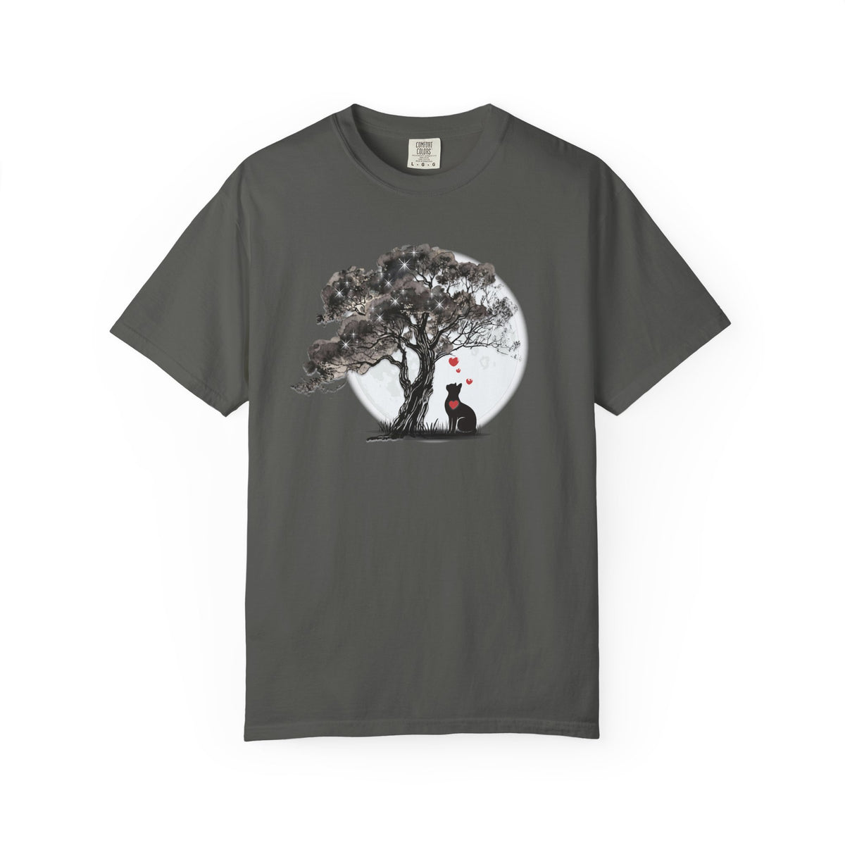 TREE MOON PET Black Dog Under Tree with Red Ball T-shirt | Dog Silhouette Nature Tee
