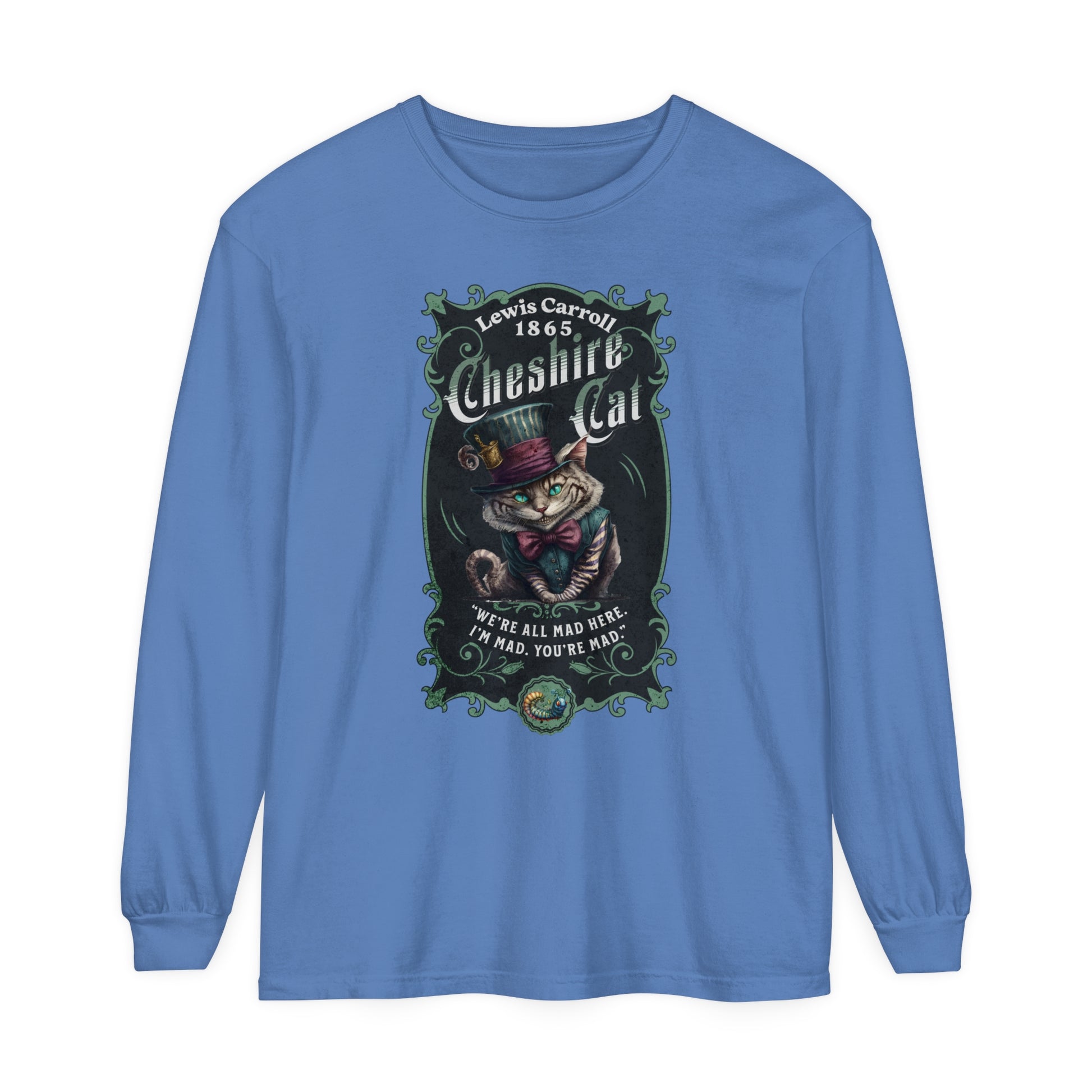 Cheshire Cat Long Sleeve Shirt, Alice in Wonderland, Lewis Carroll Dark Academia TShirt Mad Hatter Tea Party Bookish Book Lover Booktok Gift Long-sleeve Printify Flo Blue S 