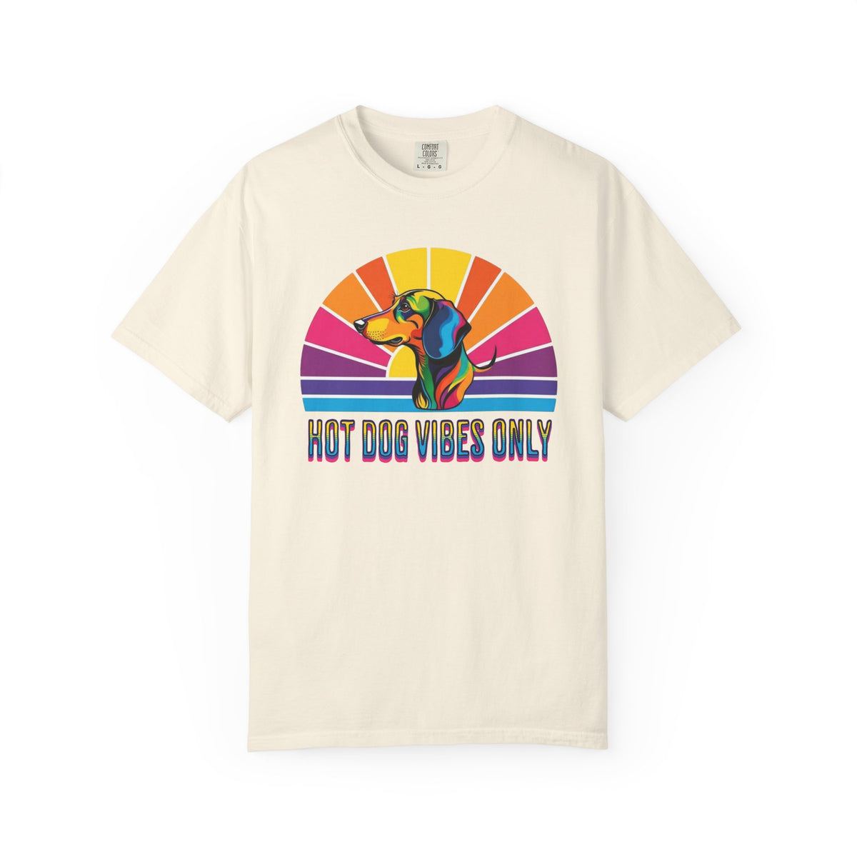 Hot Dog Vibes Only Dachshund T-shirt | Retro Rainbow Sunrise