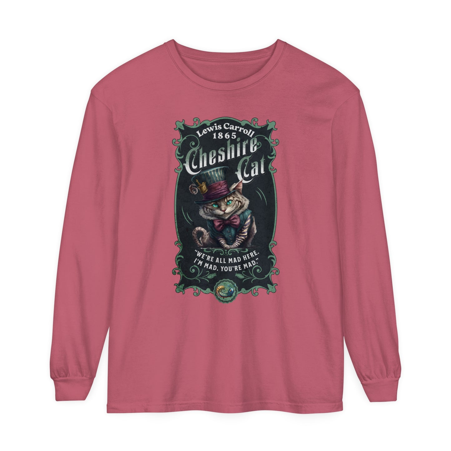 Cheshire Cat Long Sleeve Shirt, Alice in Wonderland, Lewis Carroll Dark Academia TShirt Mad Hatter Tea Party Bookish Book Lover Booktok Gift Long-sleeve Printify Crimson S 