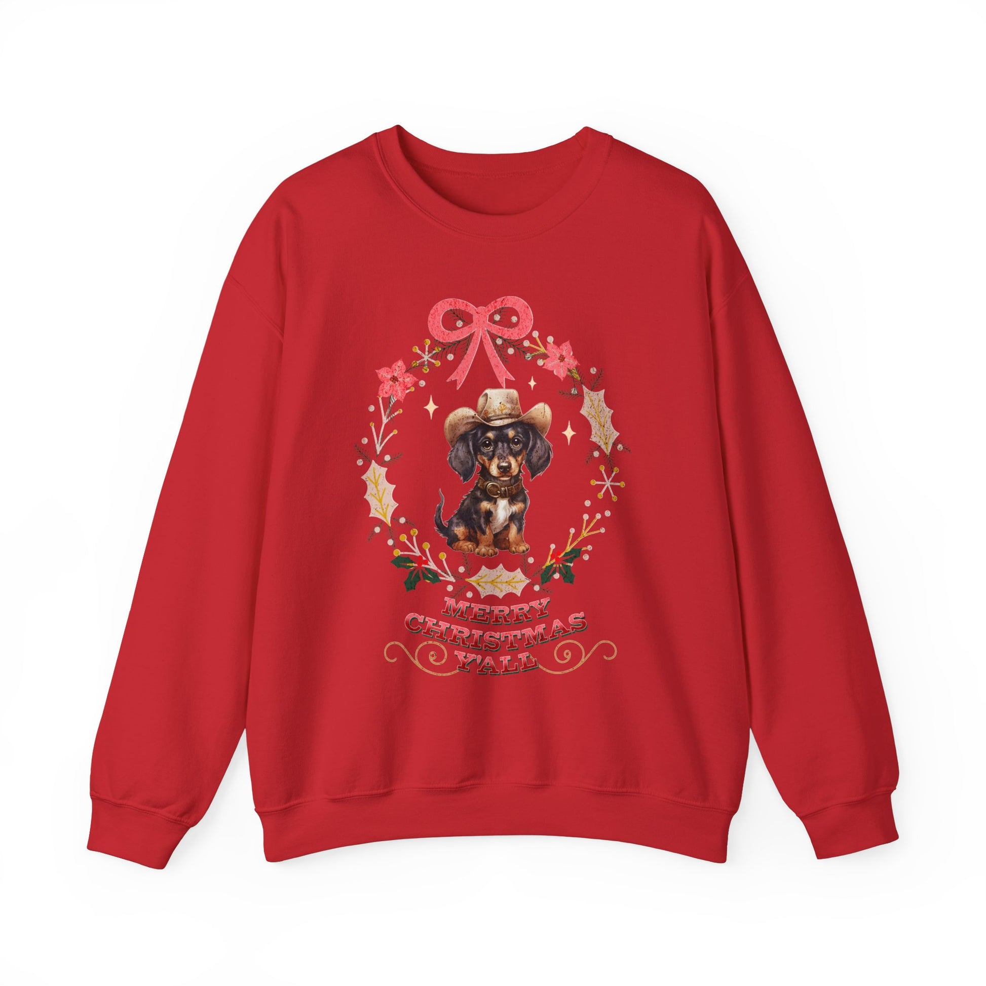 Western Dachshund Wiener Christmas Sweatshirt, Doxie Lover Gift Cowgirl Country Southern Rodeo Christmas Sweater, Animal Lover Farm Life Git Sweatshirt Printify S Red 