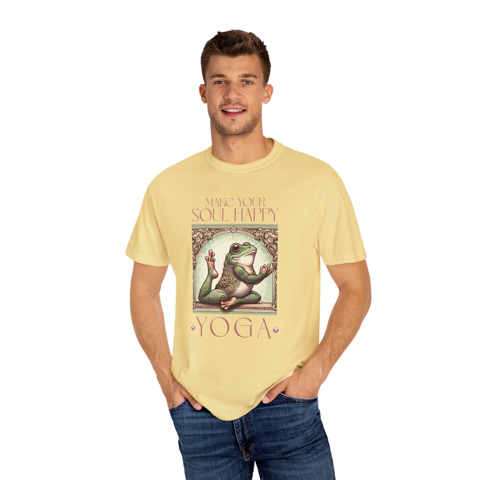 Yoga Frog Make Your Soul Happy Pink Unisex T-Shirt, Casual Wear, Highlander Fan Gift, Comfortable Graphic Tee T-Shirt Printify