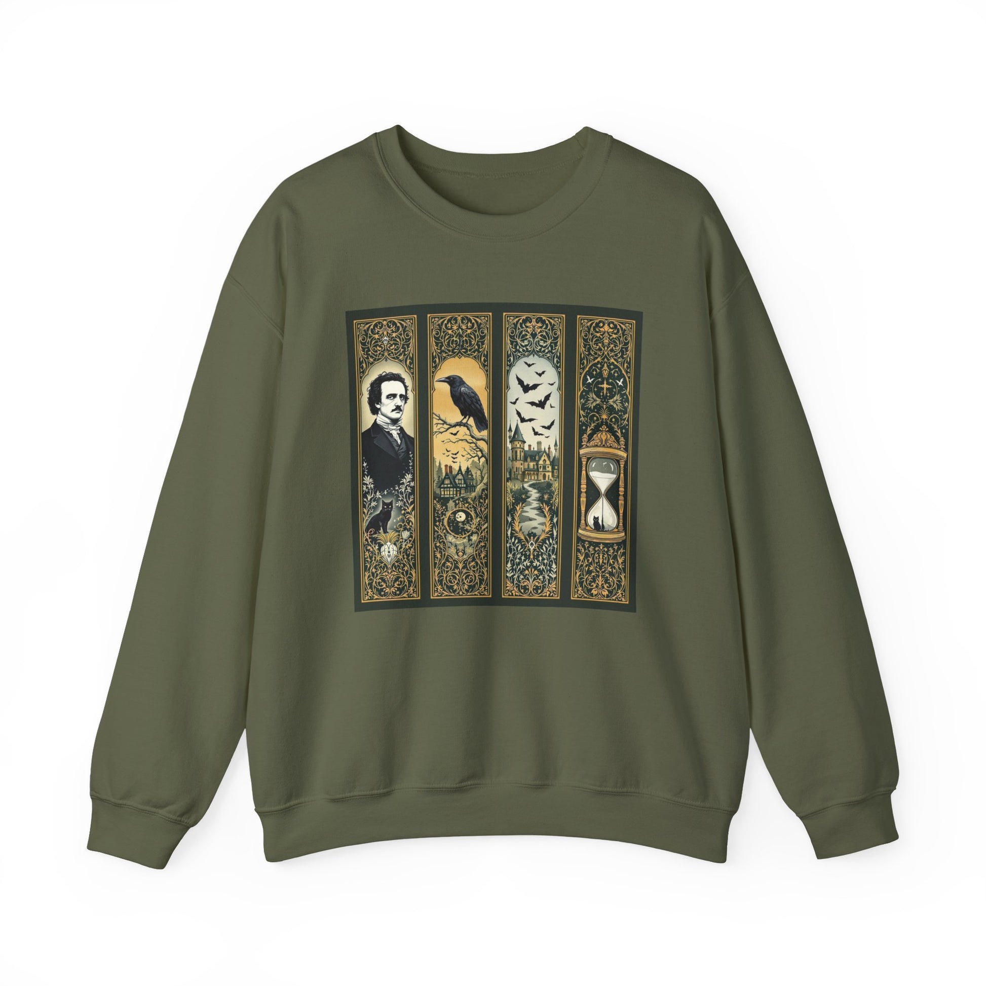 Edgar Allan Poe Sweatshirt The Raven Nevermore Gothic Horror Sweater Dark Academia Macabre Halloween Gift for Book Lovers Birthday Christmas Sweatshirt Printify Military Green S