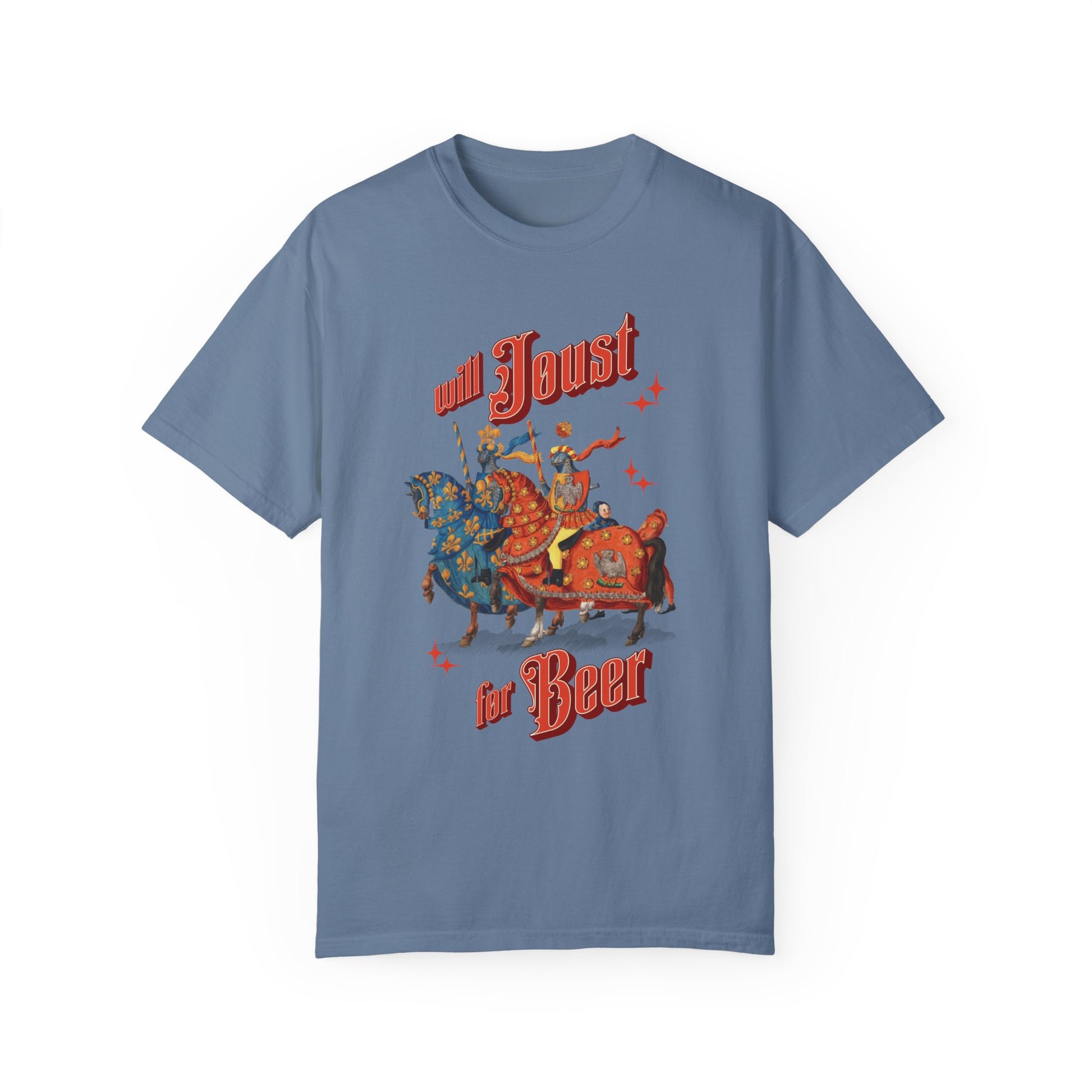 Will Joust for Beer Renfair T-Shirt, Funny Medieval Renaissance Faire Tee. Beer Lover Gift, Festival Attire, Medieval Theme Ren-Fair Costume T-Shirt Printify Blue Jean S