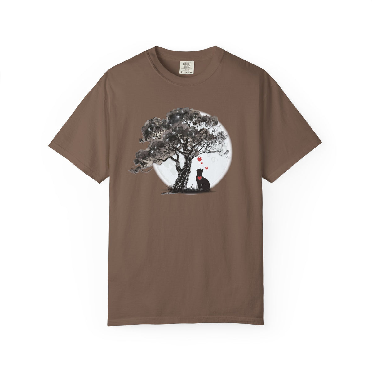 TREE MOON PET Black Dog Under Tree with Red Ball T-shirt | Dog Silhouette Nature Tee