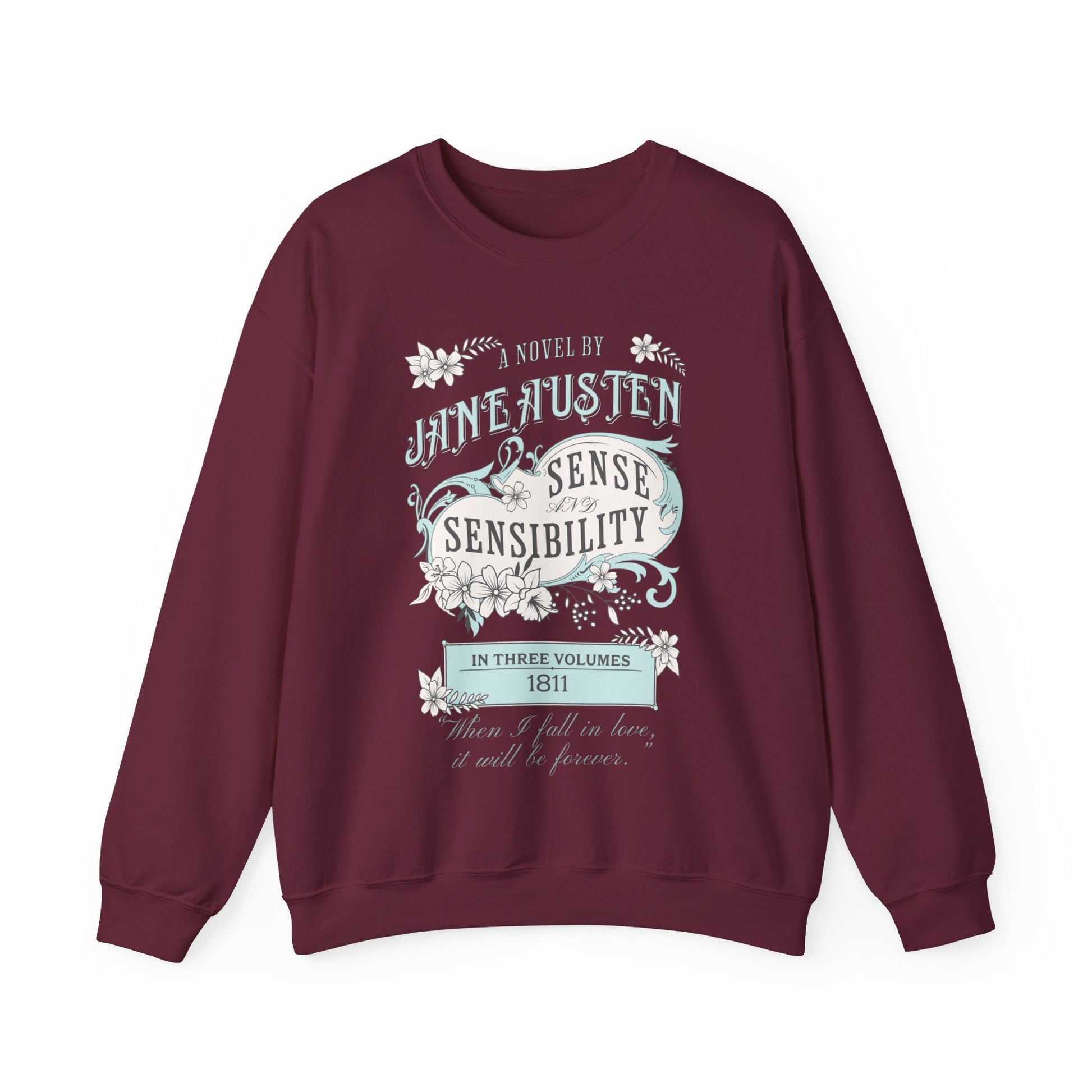 Jane Austen Sweatshirt, Sense & Sensibility Historical Romance Sweater, Bookish Literary Jane Austen Fan Art Gift, Gift for Her, Readers, Sweatshirt Printify S Maroon 