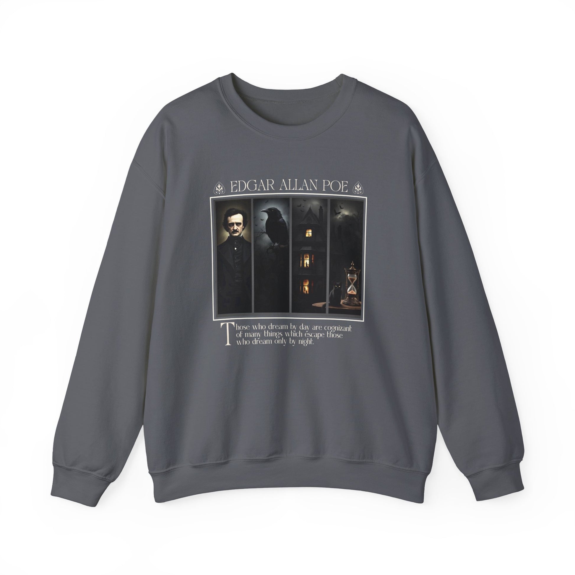 Edgar Allan Poe Sweatshirt The Raven Nevermore Gothic Horror Sweater Dark Academia Macabre Halloween Gift for Book Lovers Birthday Christmas Sweatshirt Printify Charcoal S