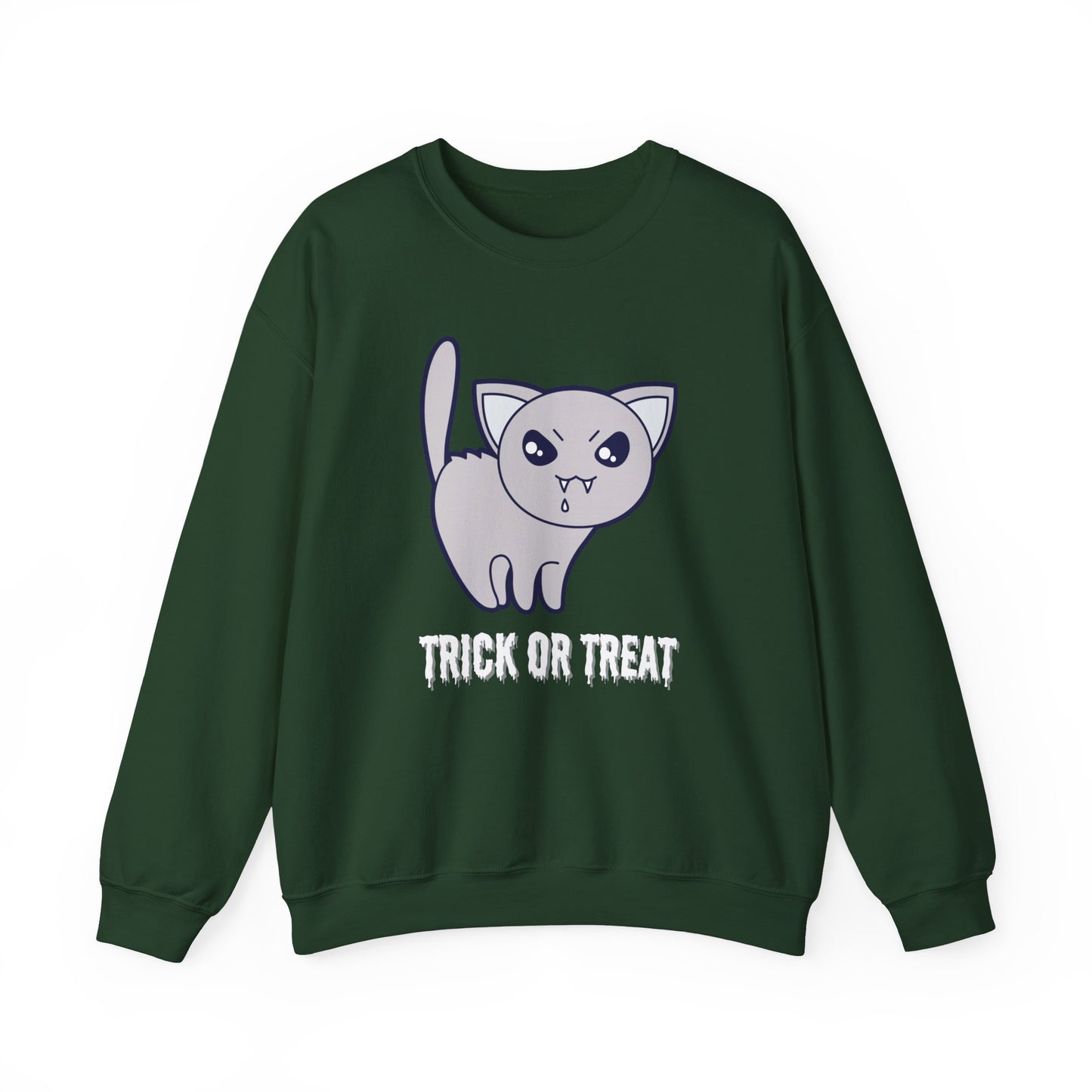 Cute Halloween Vampire Cat Sweatshirt, Trick or Treat Shirt, Spooky Ghost Season, Fun Halloween Fall, Festival Sweatshirt Sweatshirt Printify S Forest Green 