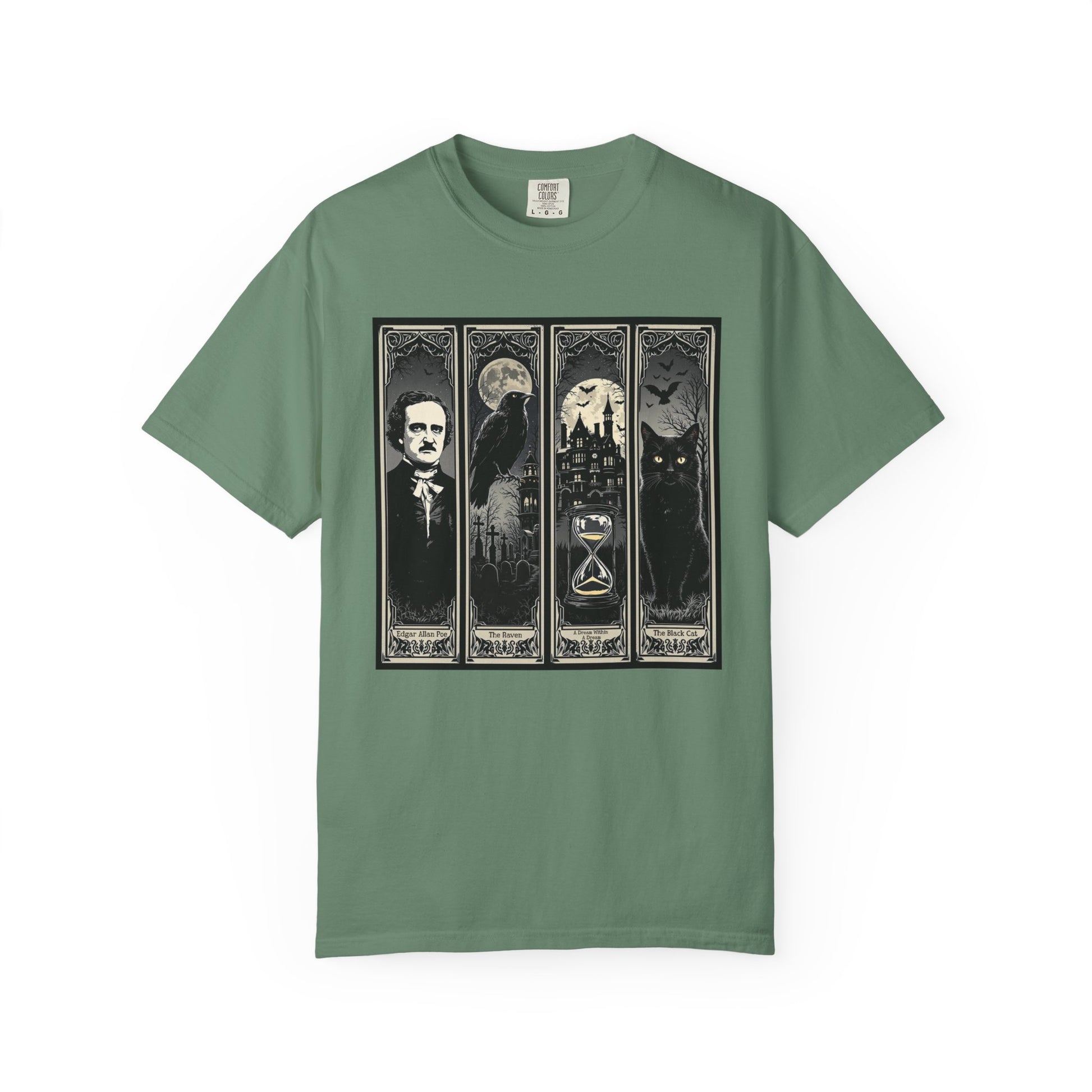 Edgar Allan Poe T-Shirt Gothic Graphic Tee The Raven Nevermore Quote Horror Literature Shirt Dark Academia Aesthetic Halloween Party Gift T-Shirt Printify Light Green S