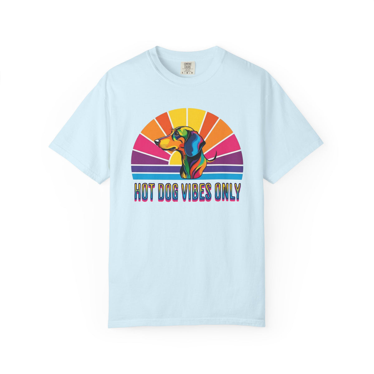 Hot Dog Vibes Only Dachshund T-shirt | Retro Rainbow Sunrise
