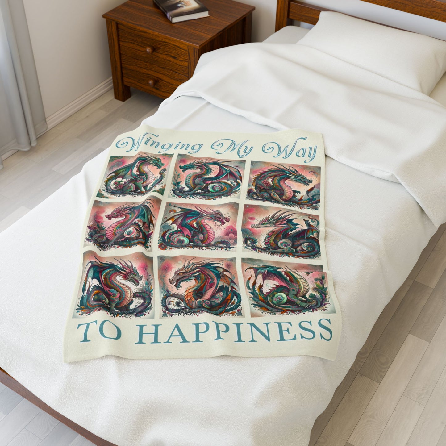 Winging My Way To Happiness Dragon Velveteen Blanket - Perfect for Book Lovers, Gifts for Sisters, Home Decor, Reading Nook, Cozy Nights All Over Prints Printify