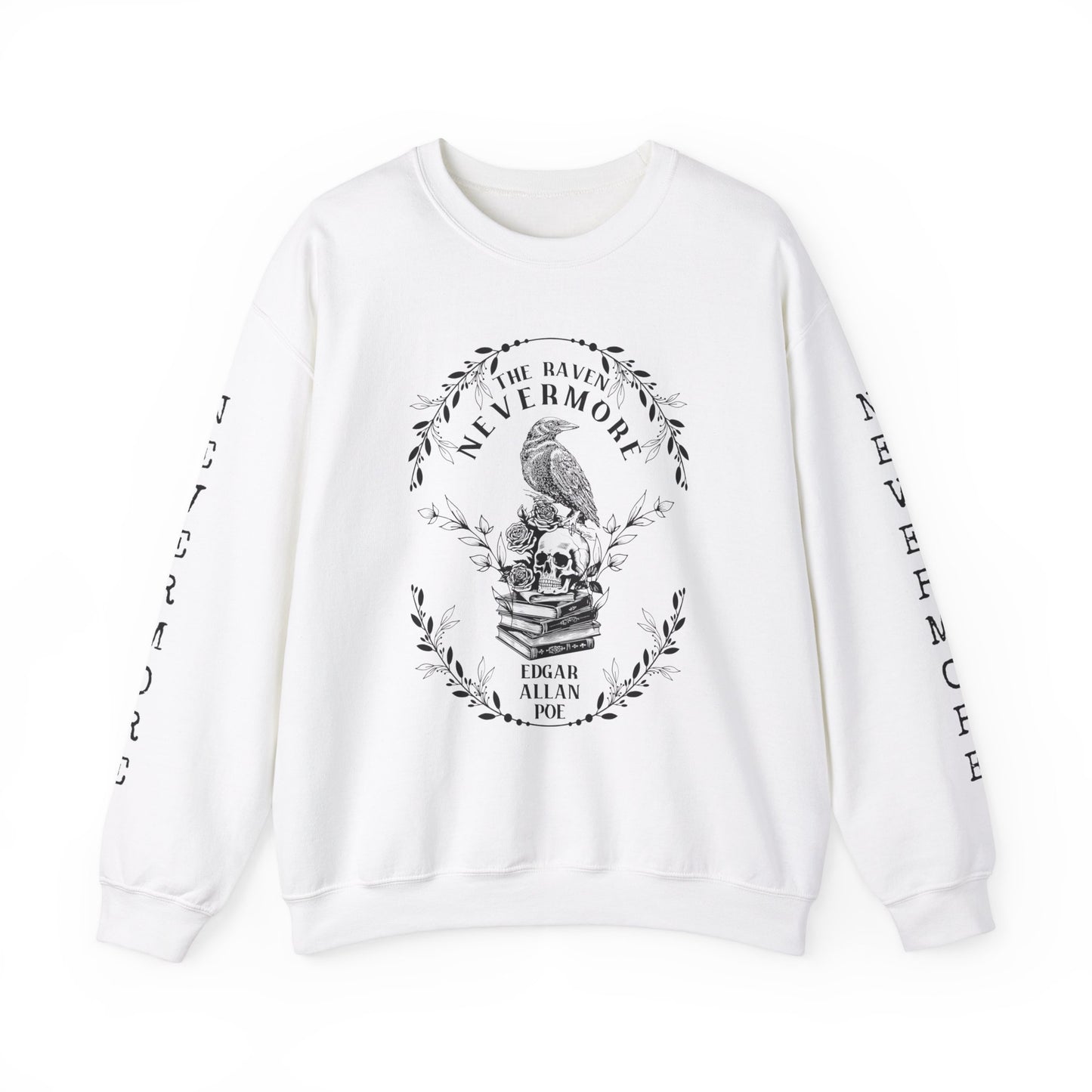 Edgar Allan Poe, Nevermore The Raven Sweatshirt, Book Lover, Halloween, Haunting Gothic Gift, Light, Dark Academia, Horror Movie Sweater Sweatshirt Printify S White 