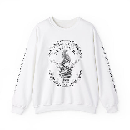 Edgar Allan Poe, Nevermore The Raven Sweatshirt, Book Lover, Halloween, Haunting Gothic Gift, Light, Dark Academia, Horror Movie Sweater Sweatshirt Printify S White 