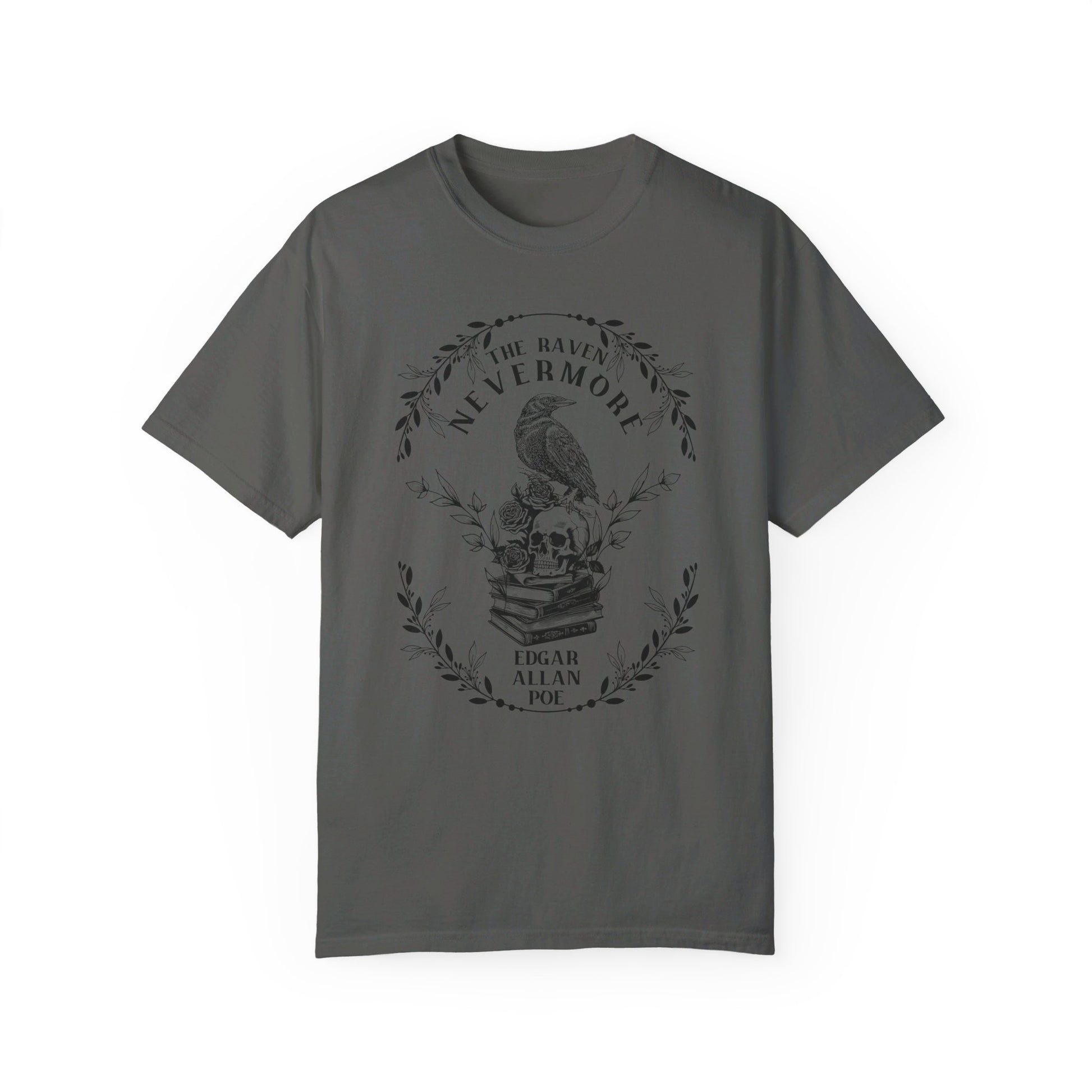 Edgar Allan Poe, Nevermore The Raven Comfort Colors TShirt, Book Lover, Halloween, Haunting Gothic Gift, Light, Dark Academia, Horror Movie T-Shirt Printify Pepper S 