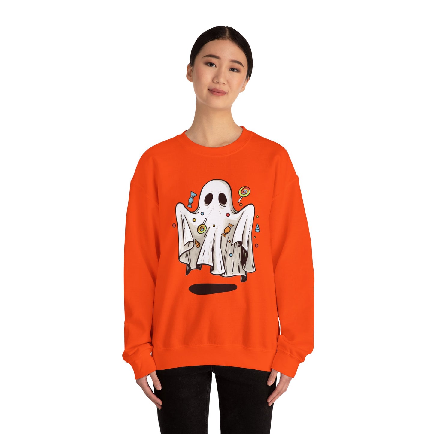 Cute Halloween Ghost Floating, Covered in Candy Sweatshirt, Trick or Treat Shirt, Spooky Ghost Season, Fun Halloween Party, Festival Sweater Sweatshirt Printify   