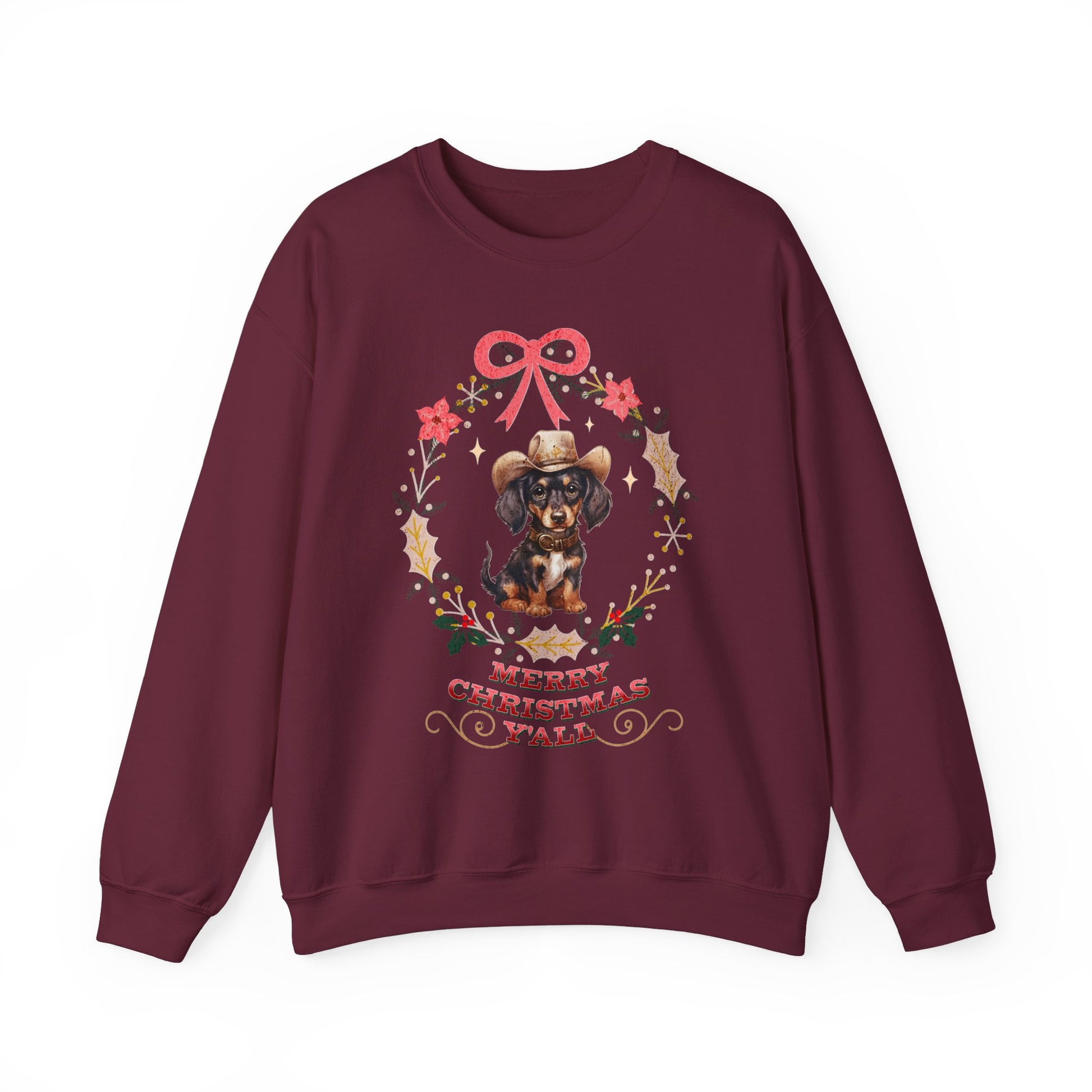 Western Dachshund Wiener Christmas Sweatshirt, Doxie Lover Gift Cowgirl Country Southern Rodeo Christmas Sweater, Animal Lover Farm Life Git Sweatshirt Printify S Maroon 