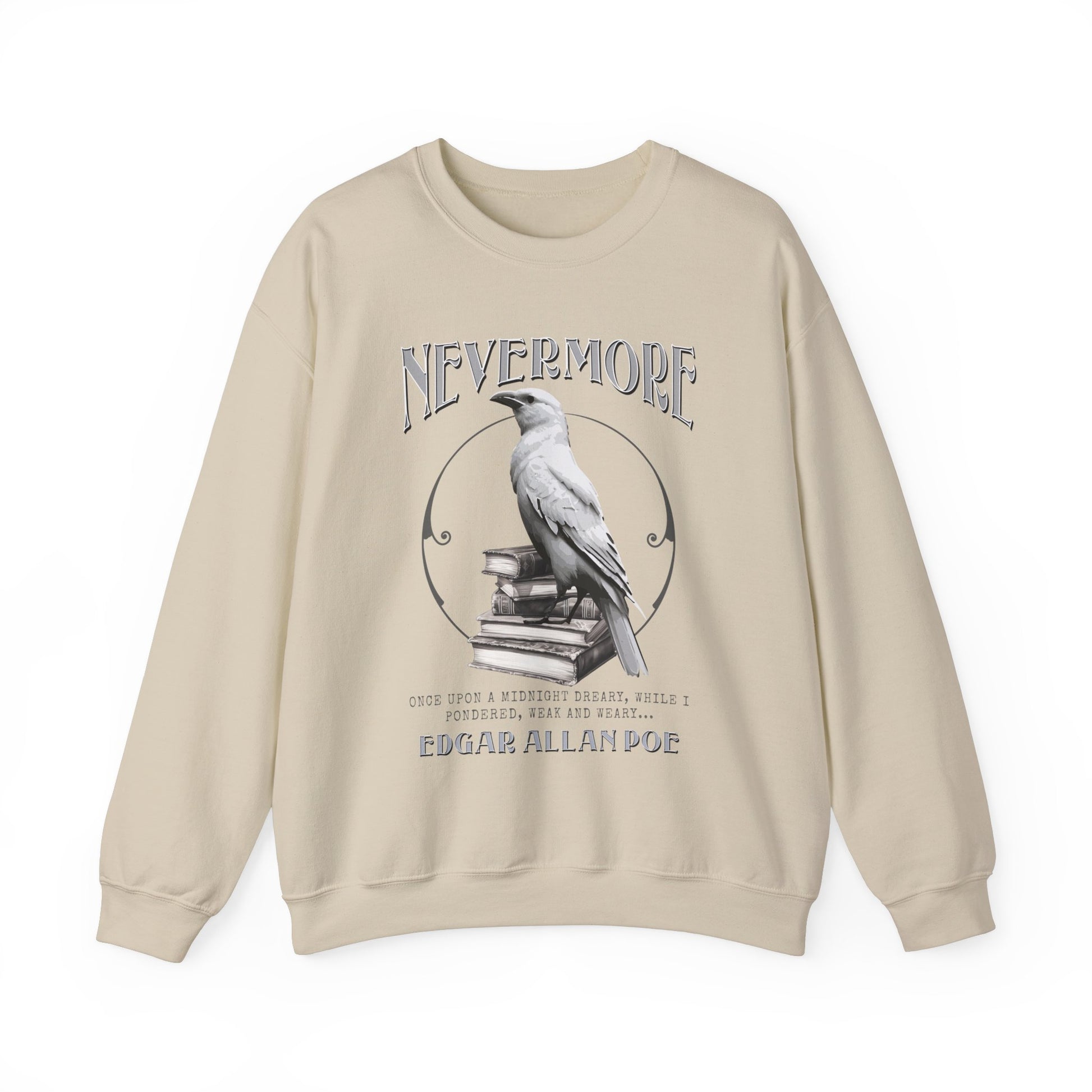 The White Raven Edgar Allan Poe Nevermore Sweatshirt Book Lover Halloween Haunting Gothic Gift Light Dark Academia Horror Movie Bookclub Sweater Sweatshirt Printify S Sand 