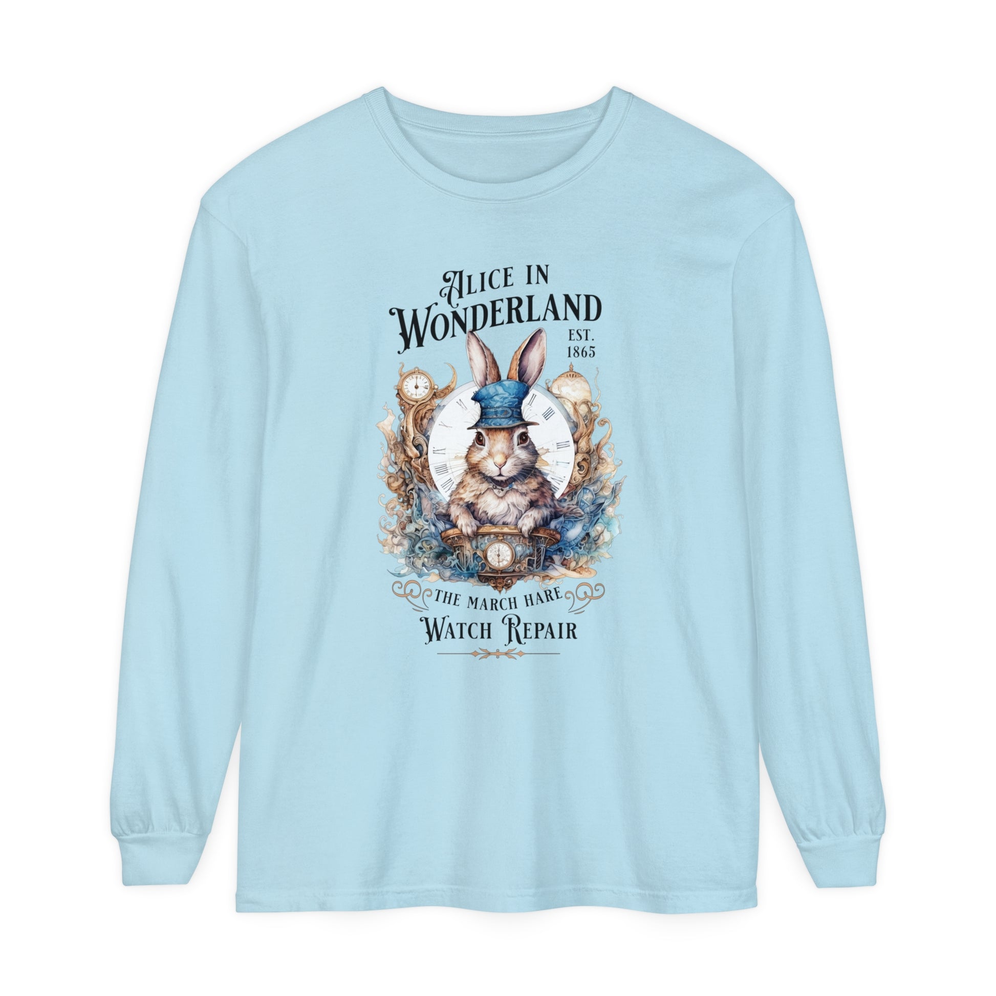 Alice in Wonderland Long Sleeve Shirt, Lewis Carroll Dark Academia TShirt, Mad Hatter Tea Party March Hare White Rabbit Bookish Booktok Gift Long-sleeve Printify Chambray S 