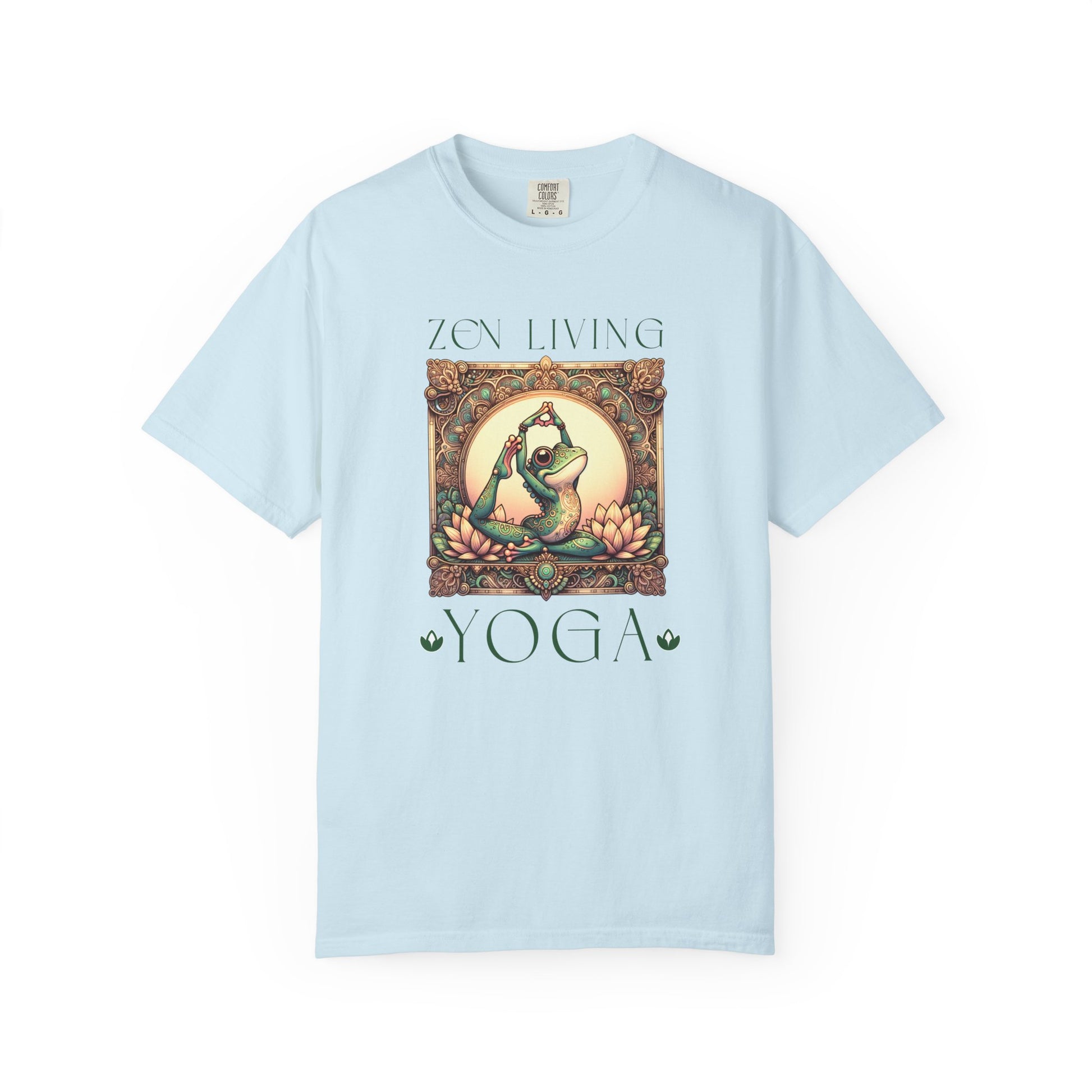 Green Yoga Frog Zen Living Unisex T-Shirt, Casual Wear, Highlander Fan Gift, T-Shirt Printify Chambray S