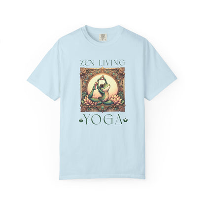 Green Yoga Frog Zen Living Unisex T-Shirt, Casual Wear, Highlander Fan Gift, T-Shirt Printify Chambray S